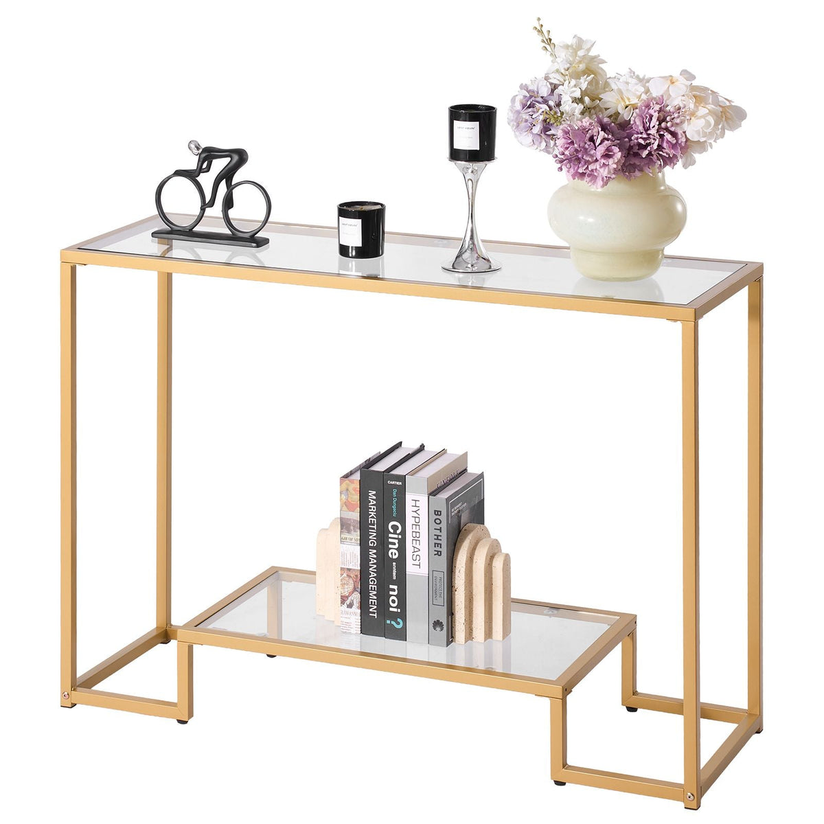 2-Tier Glass Console Table, Modern Rectangle Sofa Side Table with Tempered Glass Top and Iron Legs, Golden Consloe Desk with Anti-Tip Device for Living Room, Hallway, Entryway, Foyer, Golden