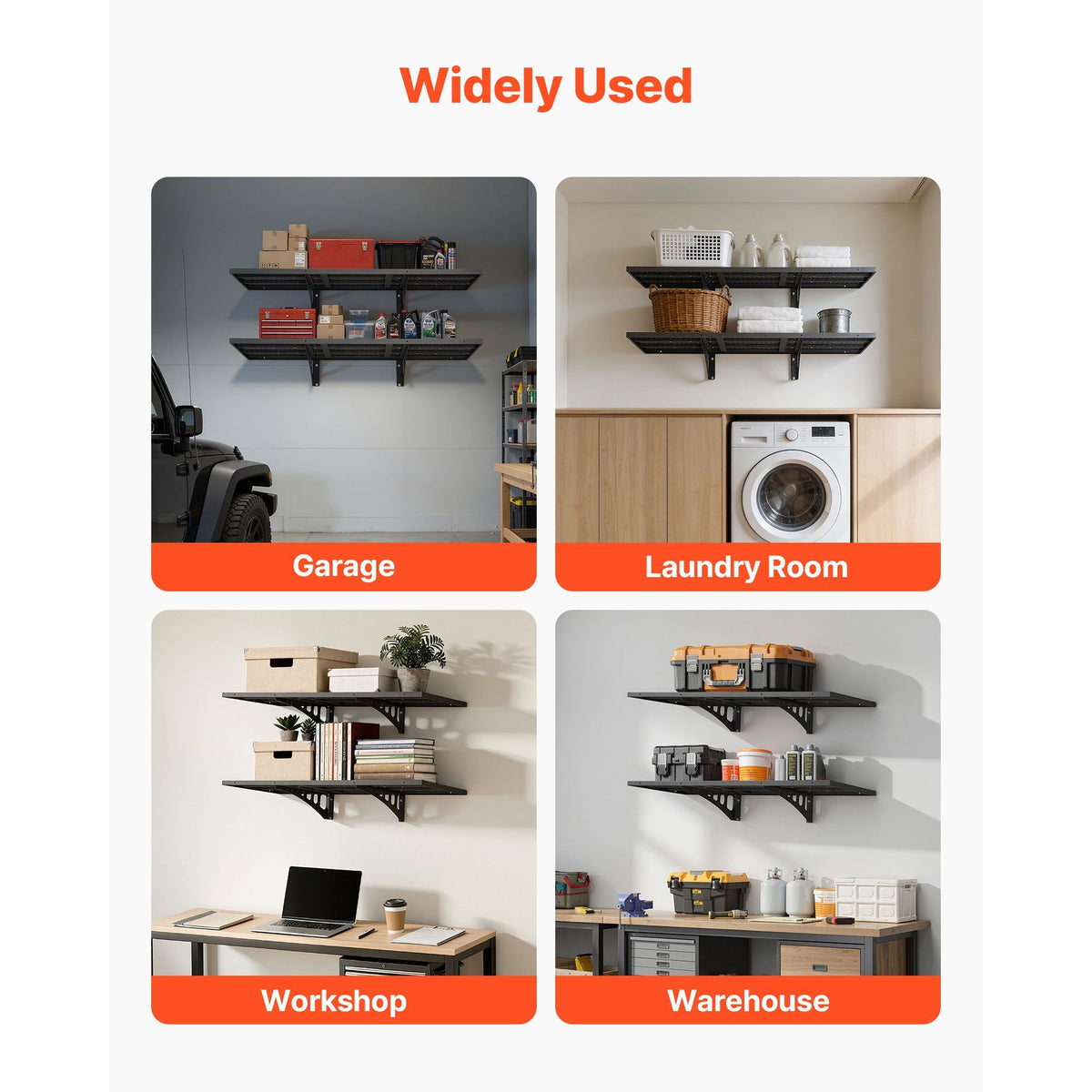 2-Tier Heavy Duty Wall Garage Shelving, 1.64 x 4 ft Steel Wall Mounted Shelving Unit, 19.68 x 48 Inch Per Shelf Floating Storage Metal Rack for Garage with 560 lbs Total Weight Capacity, Black