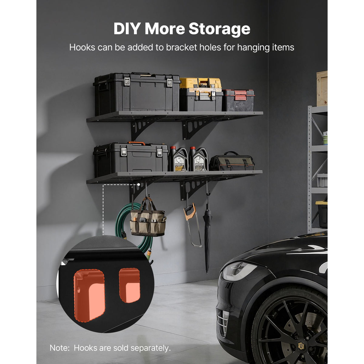2-Tier Heavy Duty Wall Garage Shelving, 1.64 x 4 ft Steel Wall Mounted Shelving Unit, 19.68 x 48 Inch Per Shelf Floating Storage Metal Rack for Garage with 560 lbs Total Weight Capacity, Black