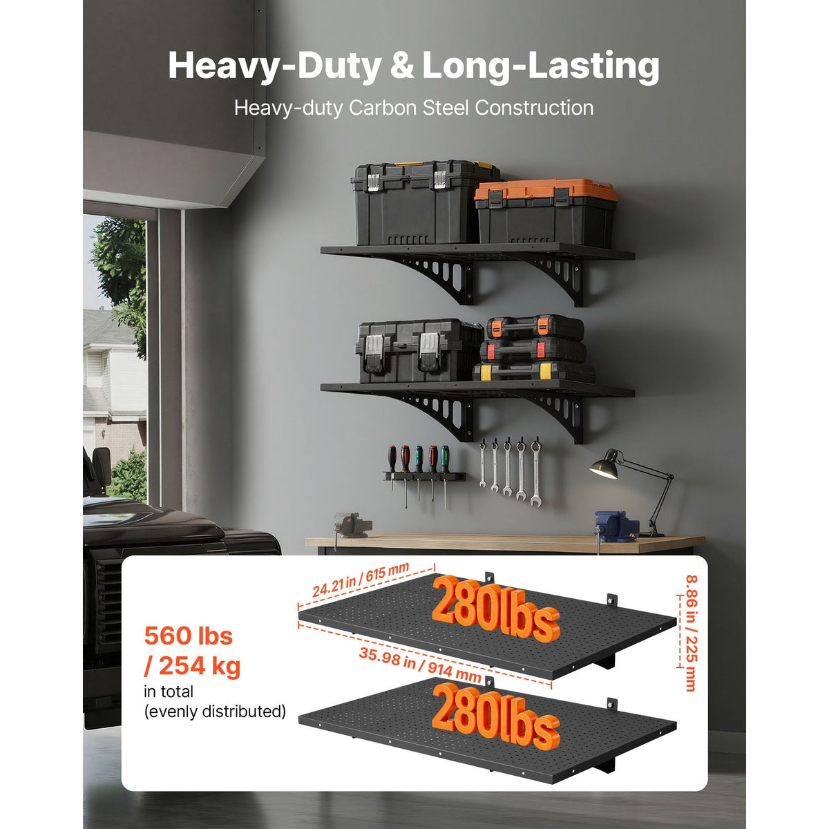 2-Tier Heavy Duty Wall Garage Shelving, 2 x 3 ft Steel Wall Mounted Shelving Unit, 12 x 72 Inch Per Shelf Floating Storage Metal Rack for Garage with 560 lbs Total Weight Capacity, Black