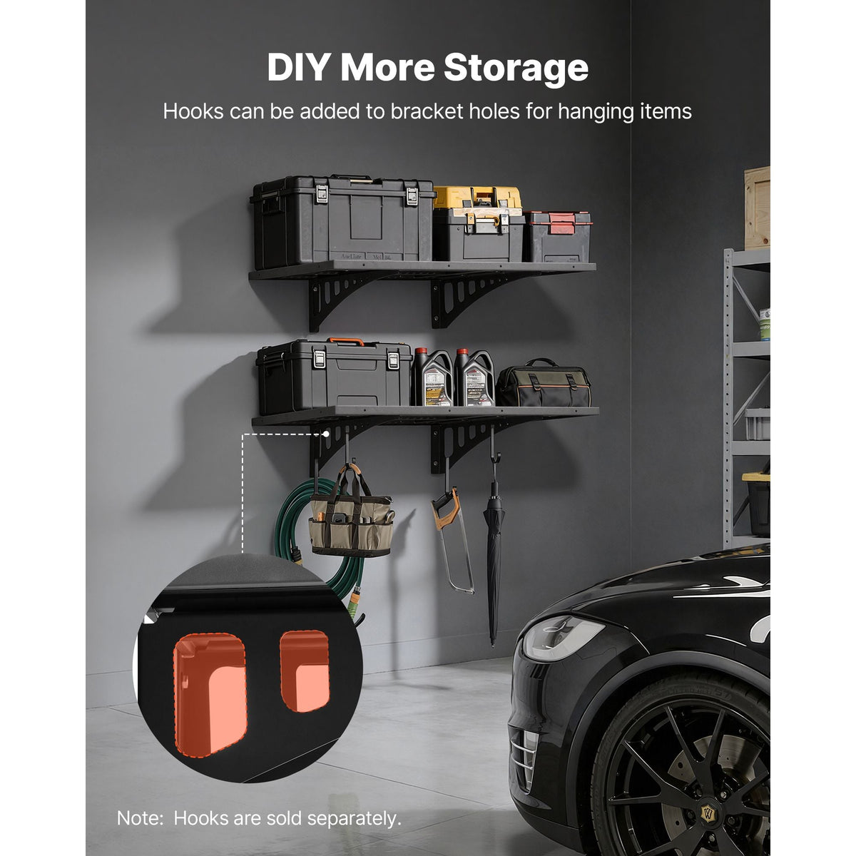 2-Tier Heavy Duty Wall Garage Shelving, 2 x 3 ft Steel Wall Mounted Shelving Unit, 12 x 72 Inch Per Shelf Floating Storage Metal Rack for Garage with 560 lbs Total Weight Capacity, Black
