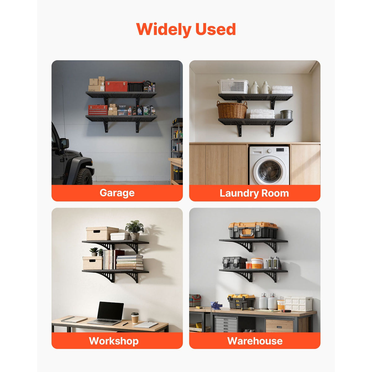 2-Tier Heavy Duty Wall Garage Shelving, 2 x 3 ft Steel Wall Mounted Shelving Unit, 12 x 72 Inch Per Shelf Floating Storage Metal Rack for Garage with 560 lbs Total Weight Capacity, Black