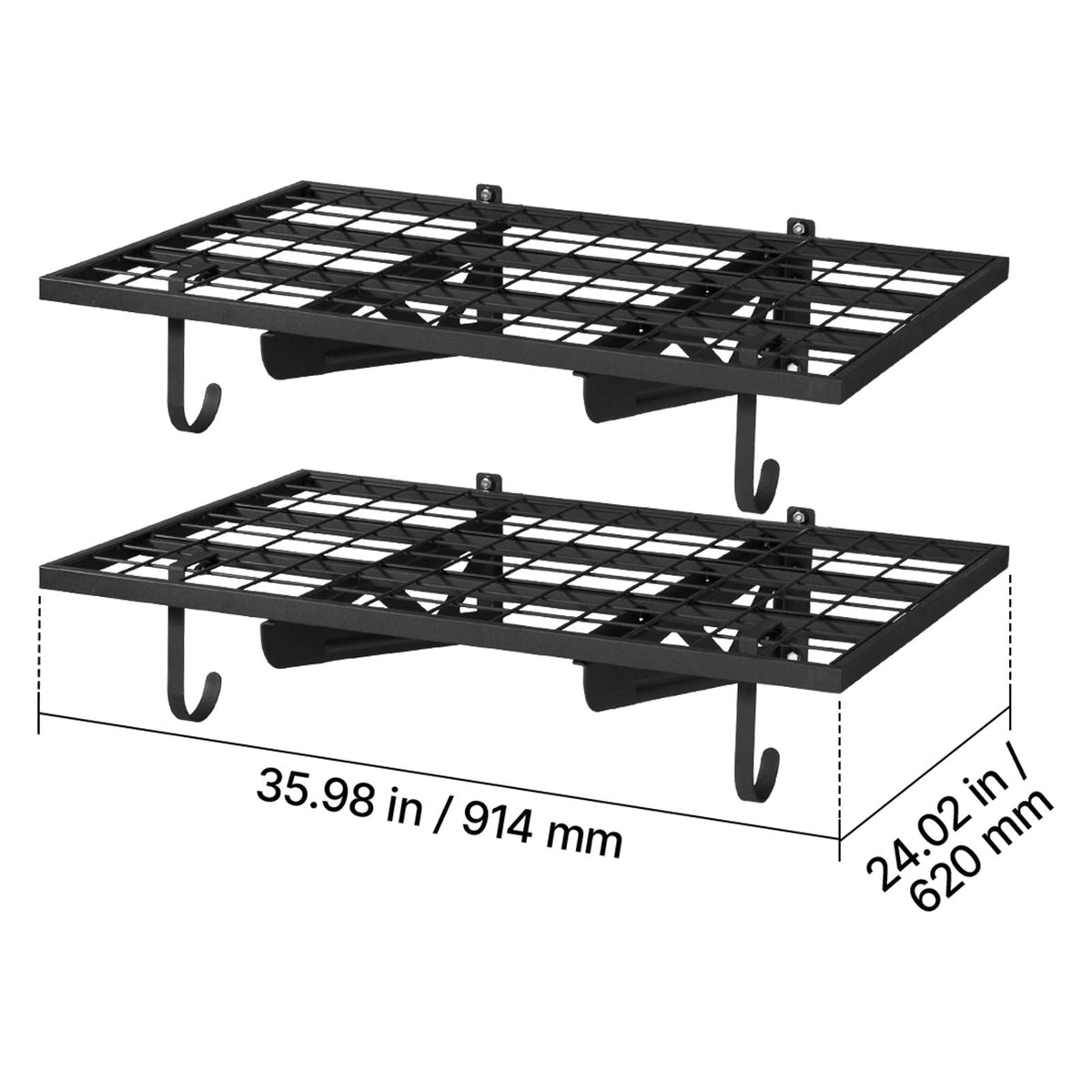 2-Tier Heavy Duty Wall Garage Shelving, 2 x 3 ft Steel Wall Mounted Shelving Unit with Hooks, 24 x 36 Inch Per Shelf Floating Storage Metal Rack for Garage, 500 lbs Total Weight Capacity, Black
