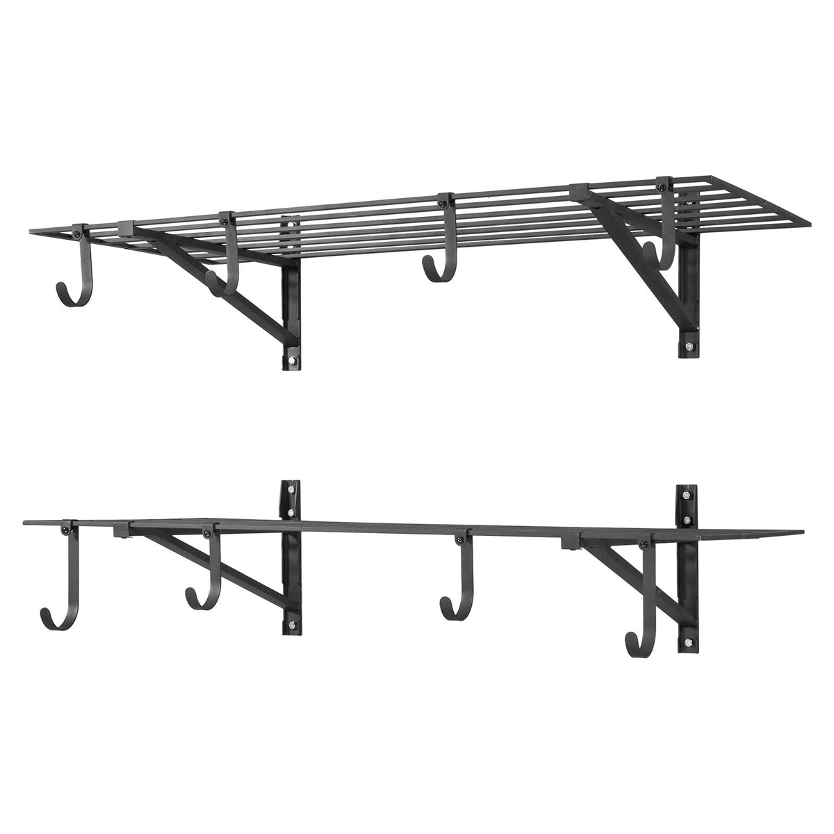 2-Tier Heavy Duty Wall Garage Shelving, 2 x 4 ft Steel Wall Mounted Shelving Unit with Hooks, 24 x 48 Inch Per Shelf Floating Storage Metal Rack for Garage, 520 lbs Total Weight Capacity, Black