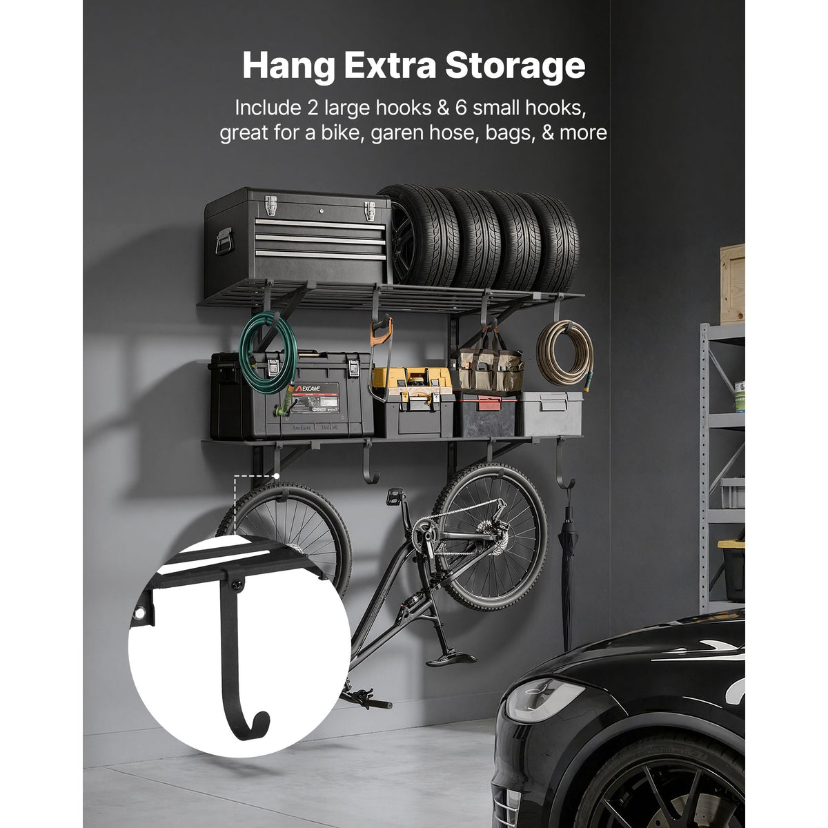 2-Tier Heavy Duty Wall Garage Shelving, 2 x 4 ft Steel Wall Mounted Shelving Unit with Hooks, 24 x 48 Inch Per Shelf Floating Storage Metal Rack for Garage, 520 lbs Total Weight Capacity, Black