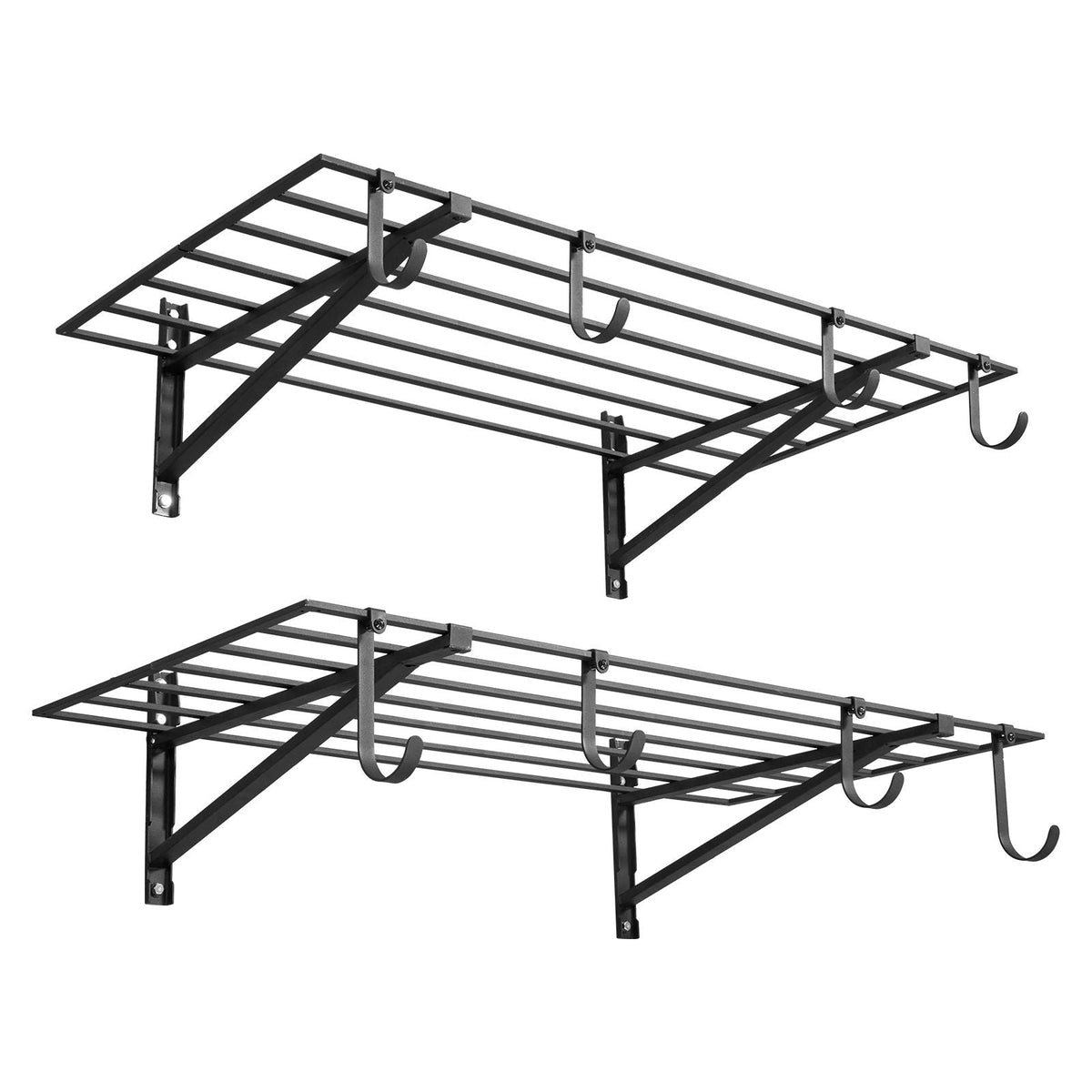2-Tier Heavy Duty Wall Garage Shelving, 2 x 4 ft Steel Wall Mounted Shelving Unit with Hooks, 24 x 48 Inch Per Shelf Floating Storage Metal Rack for Garage, 520 lbs Total Weight Capacity, Black
