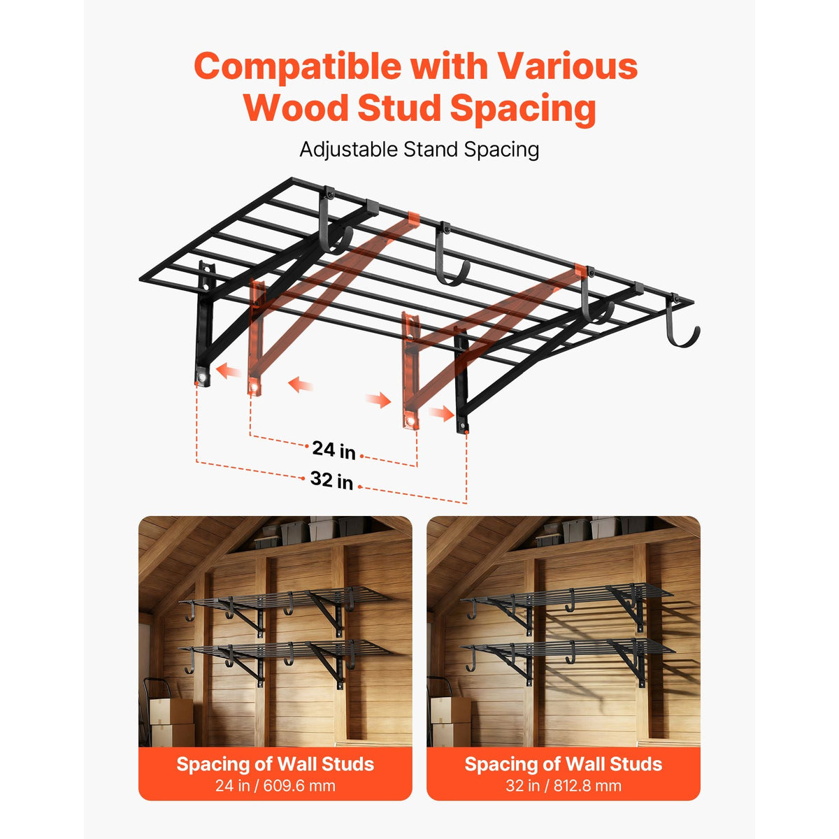 2-Tier Heavy Duty Wall Garage Shelving, 2 x 4 ft Steel Wall Mounted Shelving Unit with Hooks, 24 x 48 Inch Per Shelf Floating Storage Metal Rack for Garage, 520 lbs Total Weight Capacity, Black
