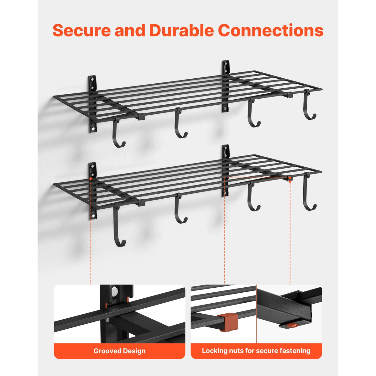 2-Tier Heavy Duty Wall Garage Shelving, 2 x 4 ft Steel Wall Mounted Shelving Unit with Hooks, 24 x 48 Inch Per Shelf Floating Storage Metal Rack for Garage, 520 lbs Total Weight Capacity, Black
