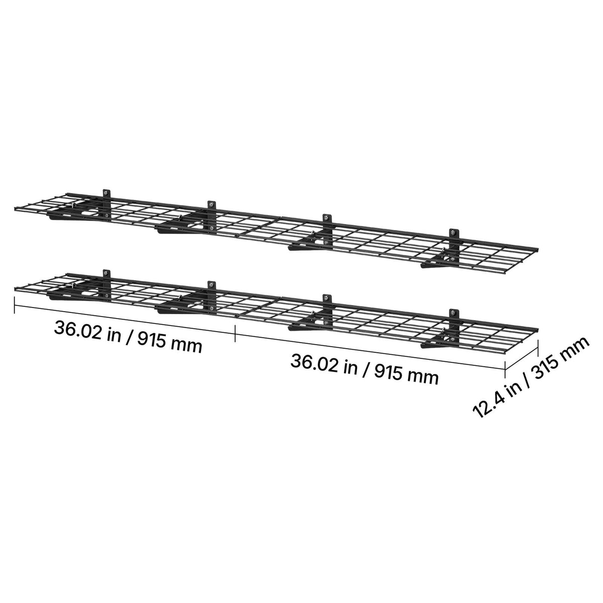 2-Tier Heavy Duty Wall Garage Shelving, 4 Pack 1 x 3 ft Steel Wall Mounted Shelving Unit, 12 x 72 Inch Per Shelf Floating Storage Metal Rack for Garage with 600 lbs Total Weight Capacity, Black