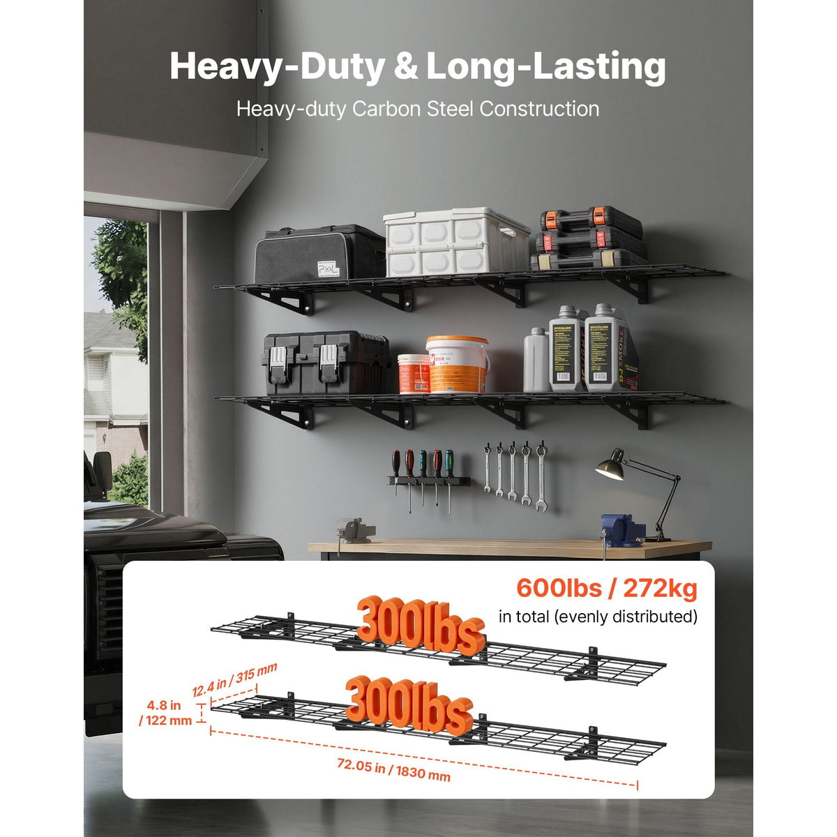 2-Tier Heavy Duty Wall Garage Shelving, 4 Pack 1 x 3 ft Steel Wall Mounted Shelving Unit, 12 x 72 Inch Per Shelf Floating Storage Metal Rack for Garage with 600 lbs Total Weight Capacity, Black