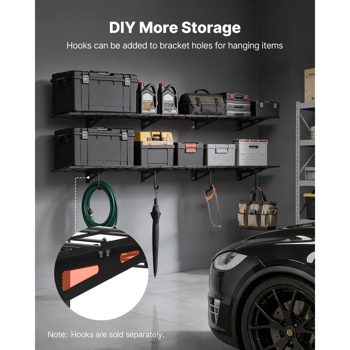 2-Tier Heavy Duty Wall Garage Shelving, 4 Pack 1 x 3 ft Steel Wall Mounted Shelving Unit, 12 x 72 Inch Per Shelf Floating Storage Metal Rack for Garage with 600 lbs Total Weight Capacity, Black