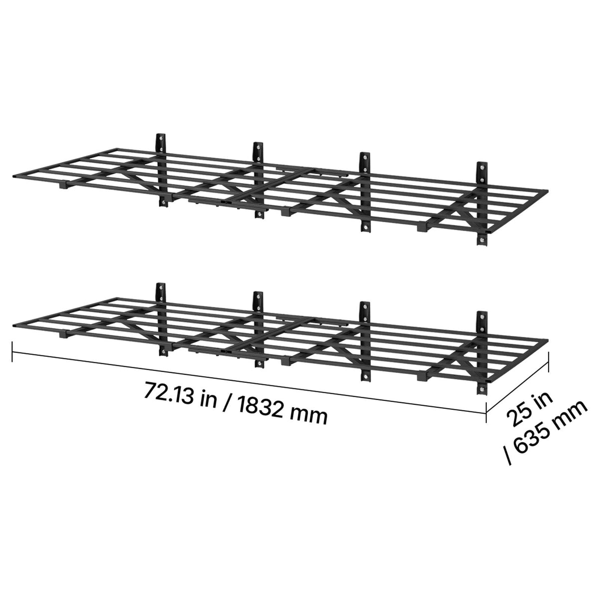2-Tier Heavy Duty Wall Garage Shelving, 4 Pack 2 x 3 ft Steel Wall Mounted Shelving Unit, 24 x 72 Inch Per Shelf Floating Storage Metal Rack for Garage, 1600 lbs Total Weight Capacity, Black