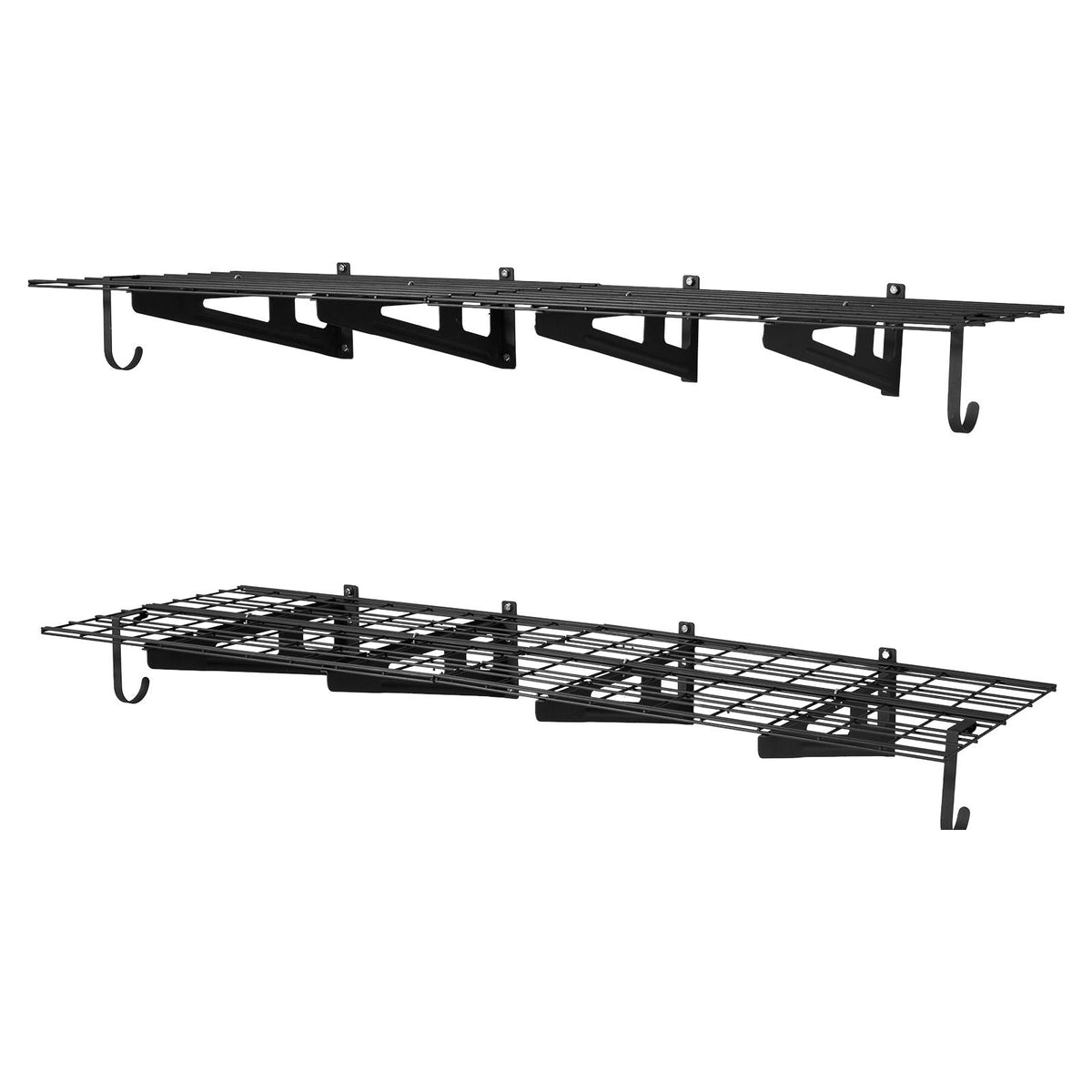 2-Tier Heavy Duty Wall Garage Shelving, 8 Pack 1 x 3 ft Steel Wall Mounted Shelving Unit with Hooks, 24 x 72 Inch Per Shelf Floating Storage Metal Rack, 1000 lbs Total Weight Capacity, Black