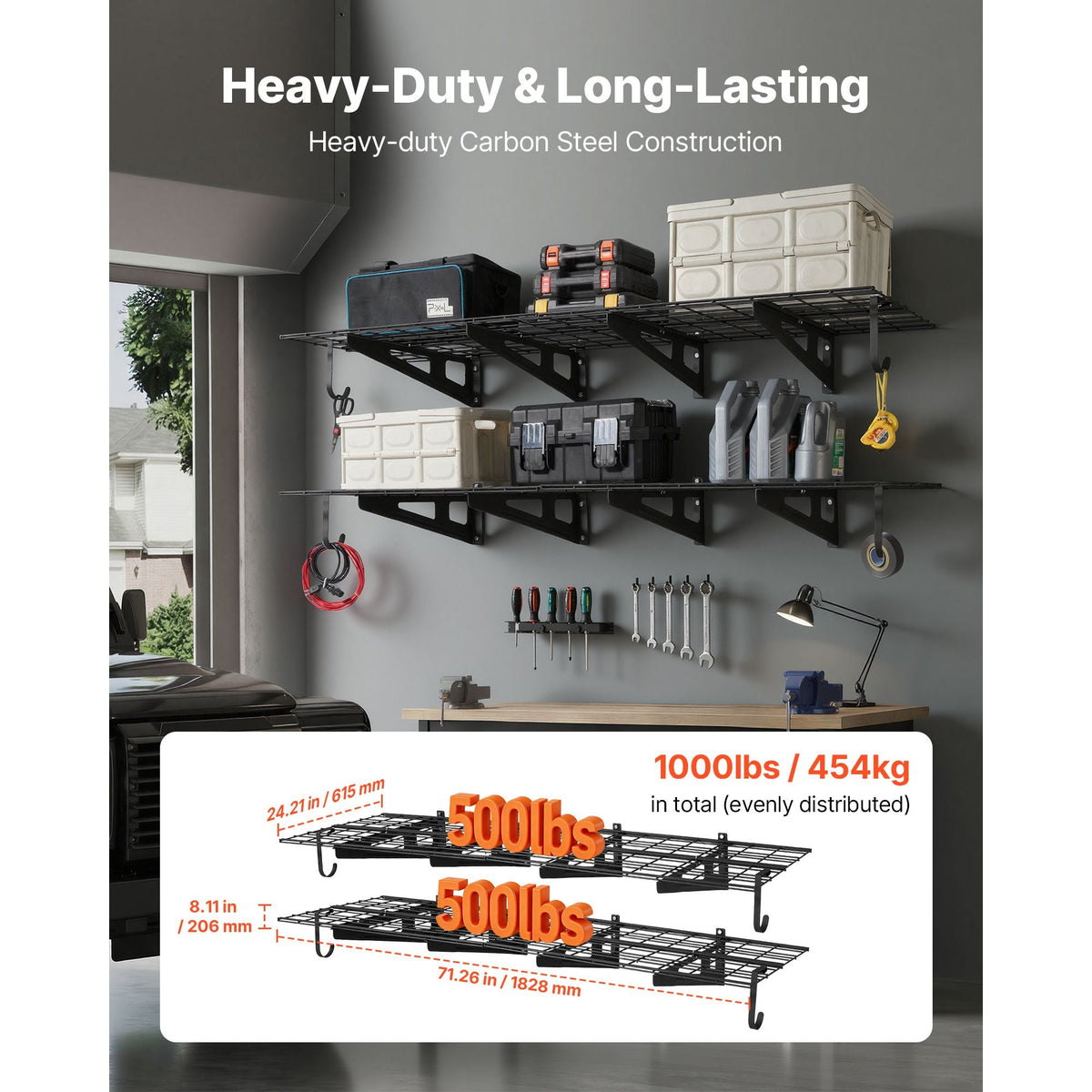 2-Tier Heavy Duty Wall Garage Shelving, 8 Pack 1 x 3 ft Steel Wall Mounted Shelving Unit with Hooks, 24 x 72 Inch Per Shelf Floating Storage Metal Rack, 1000 lbs Total Weight Capacity, Black
