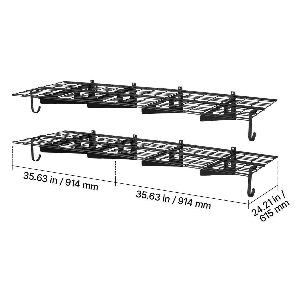 2-Tier Heavy Duty Wall Garage Shelving, 8 Pack 1 x 3 ft Steel Wall Mounted Shelving Unit with Hooks, 24 x 72 Inch Per Shelf Floating Storage Metal Rack, 1000 lbs Total Weight Capacity, Black