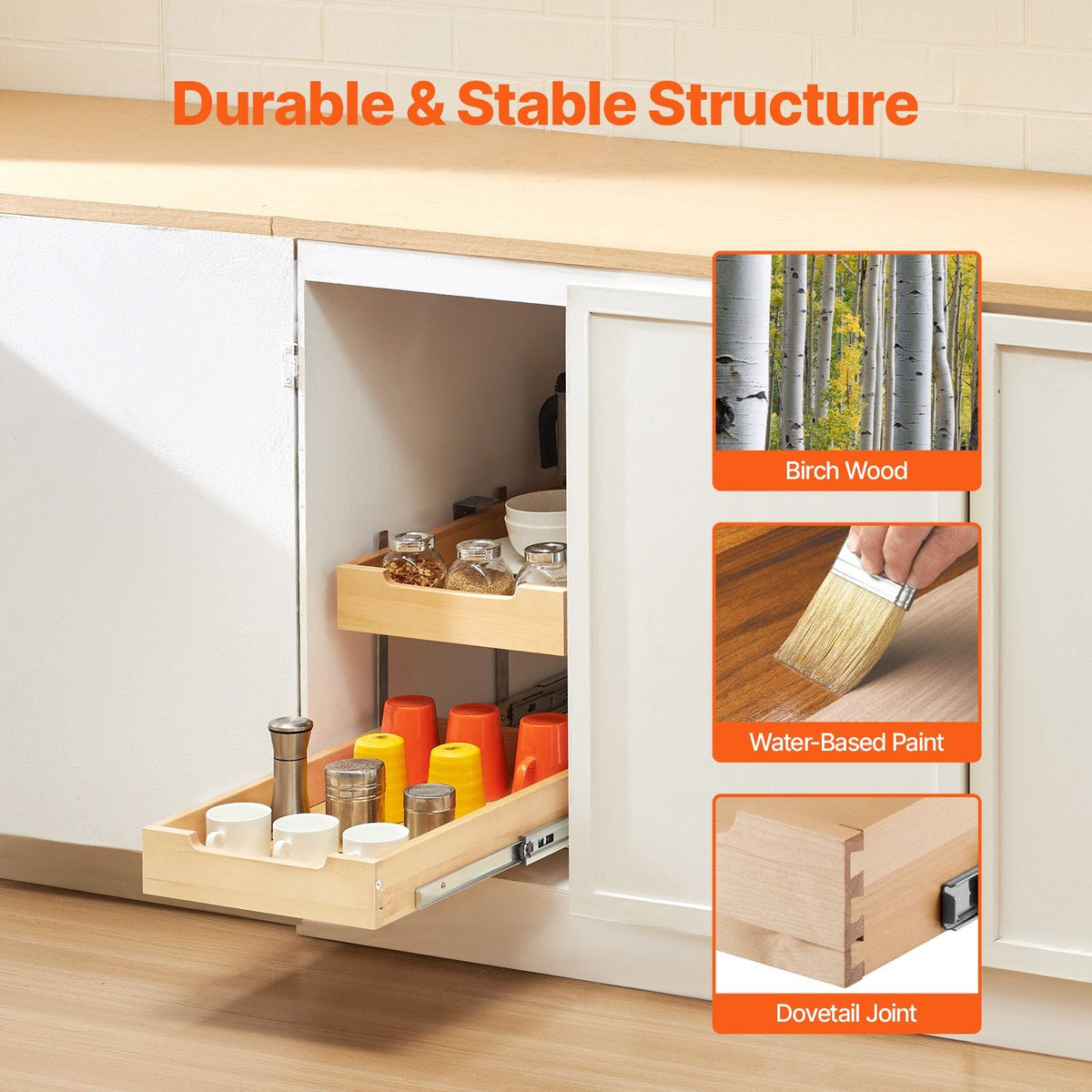 2 Tier Pull Out Cabinet Organizer, 14"W x 21"D Cabinet Drawer, Soft Close Slide out Shelf, Heavy-Duty Sliding Wood Drawer, Adjustable Base Cabinet Organization for Kitchen Pantry Bathroom