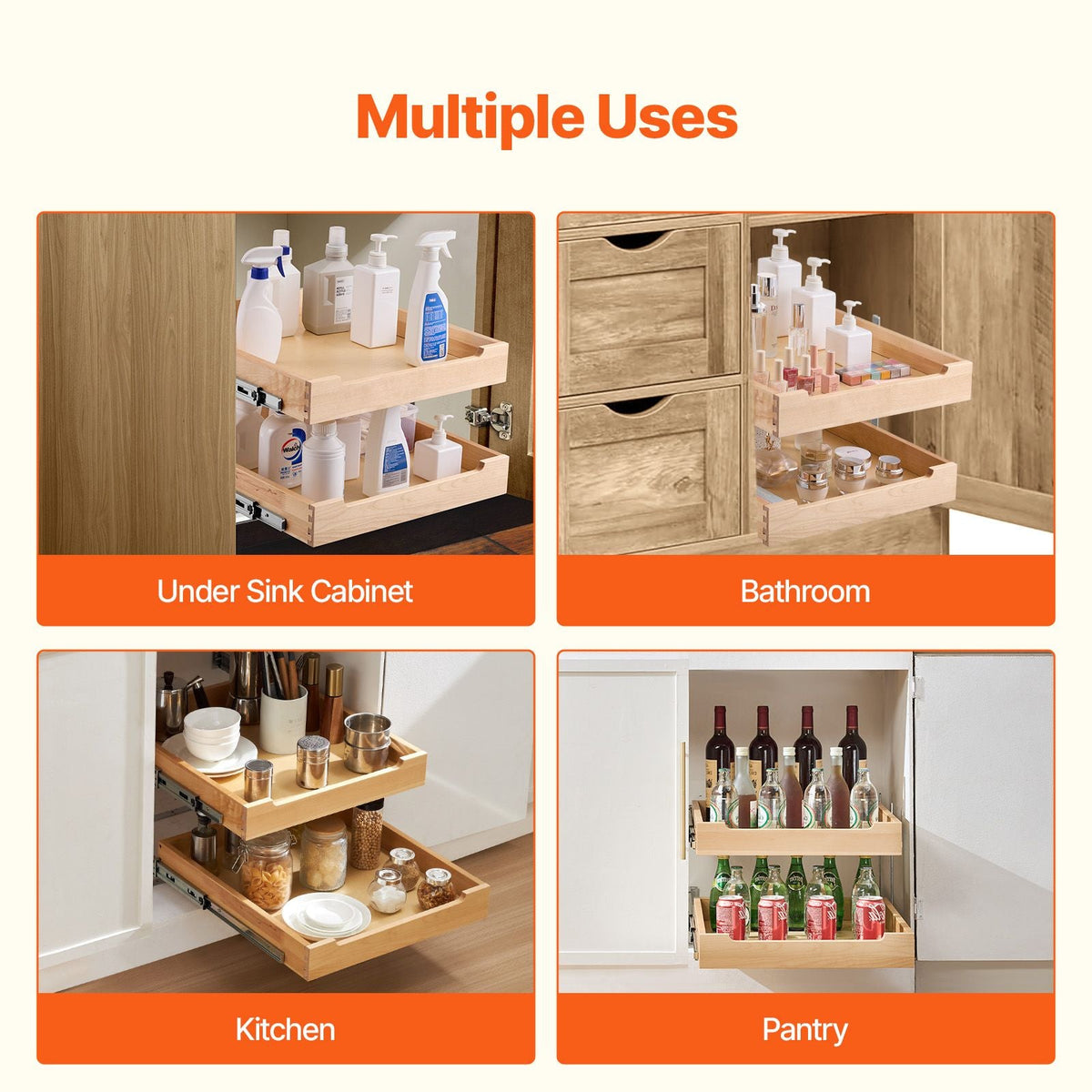 2 Tier Pull Out Cabinet Organizer, 20"W x 21"D Cabinet Drawer, Soft Close Slide out Shelf, Heavy-Duty Sliding Wood Drawer, Adjustable Base Cabinet Organization for Kitchen Pantry Bathroom