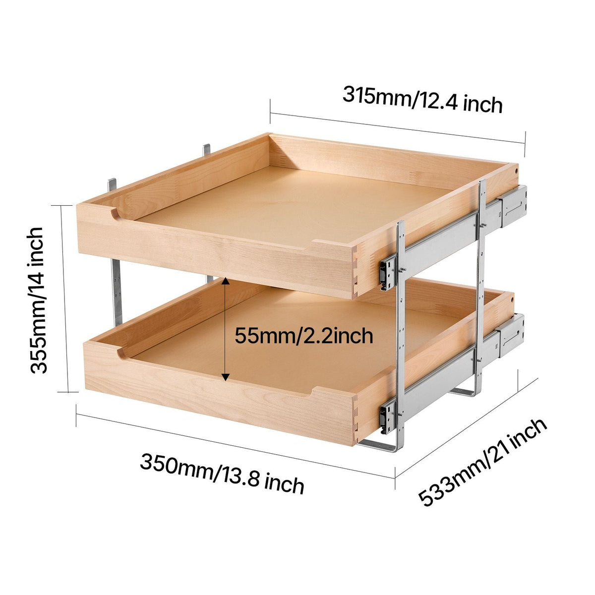 2 Tier Pull Out Cabinet Organizer, 20"W x 21"D Cabinet Drawer, Soft Close Slide out Shelf, Heavy-Duty Sliding Wood Drawer, Adjustable Base Cabinet Organization for Kitchen Pantry Bathroom