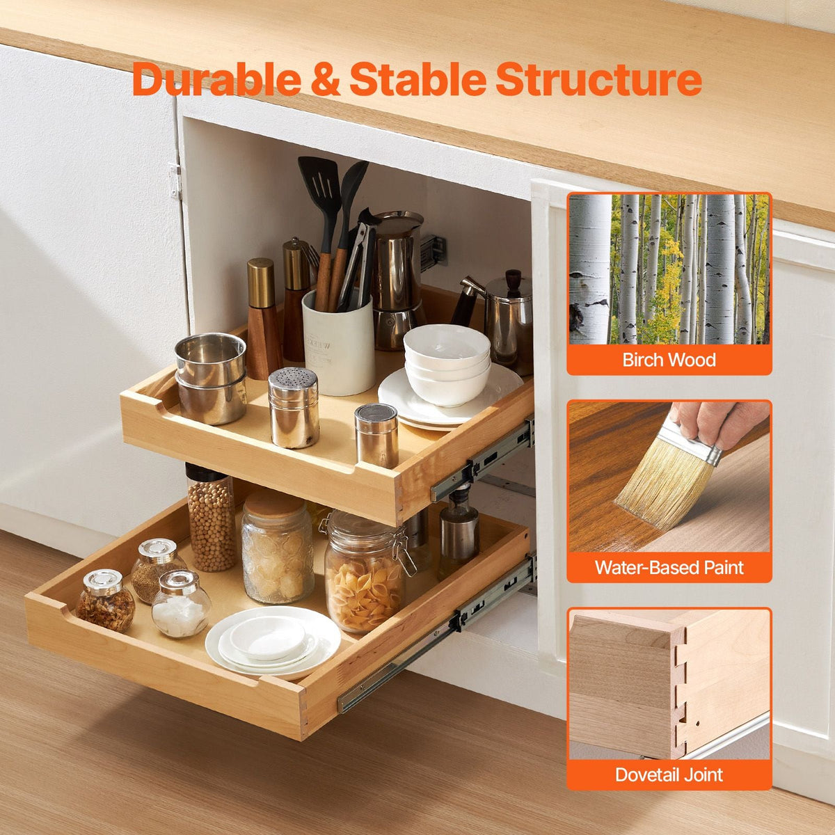 2 Tier Pull Out Cabinet Organizer, 20"W x 21"D Cabinet Drawer, Soft Close Slide out Shelf, Heavy-Duty Sliding Wood Drawer, Adjustable Base Cabinet Organization for Kitchen Pantry Bathroom