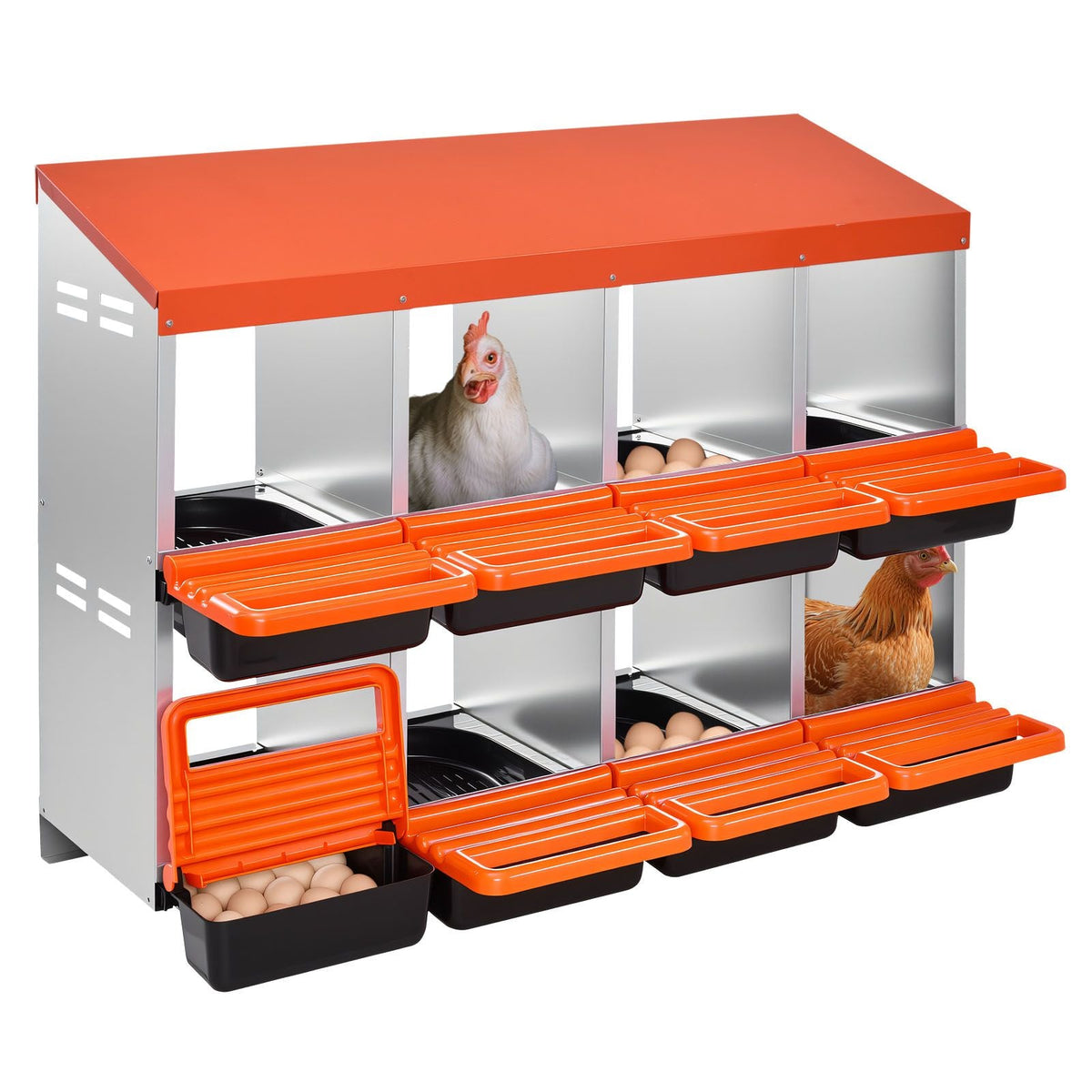 2 Tiers Chicken Nesting Boxes, 8 Compartments, Metal Egg Laying Boxes with Protective Collection Lids, Roll Out Nesting Box, Easy to Assemble, Ideal for Hens, Ducks, Chickens, and Other Poultry