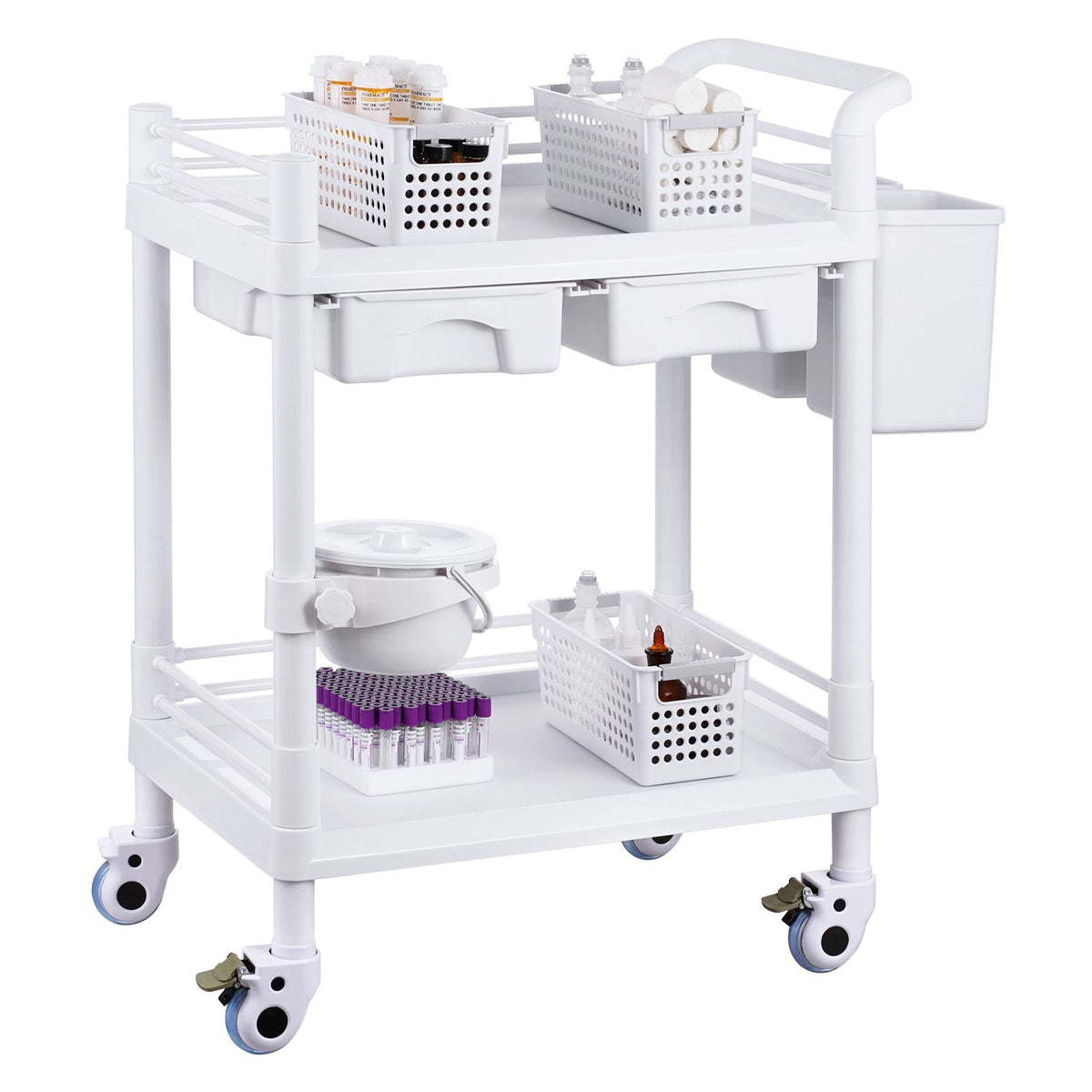 2 Tiers Lab Carts, Lab Utility Cart with 2 Trays, 2 Drawers & 4 Silent Wheels, Mobile Medical Cart with PP Material, Lab Rolling Cart with 3 Trash Cans for Lab, Clinic, Hospital, Salon, White
