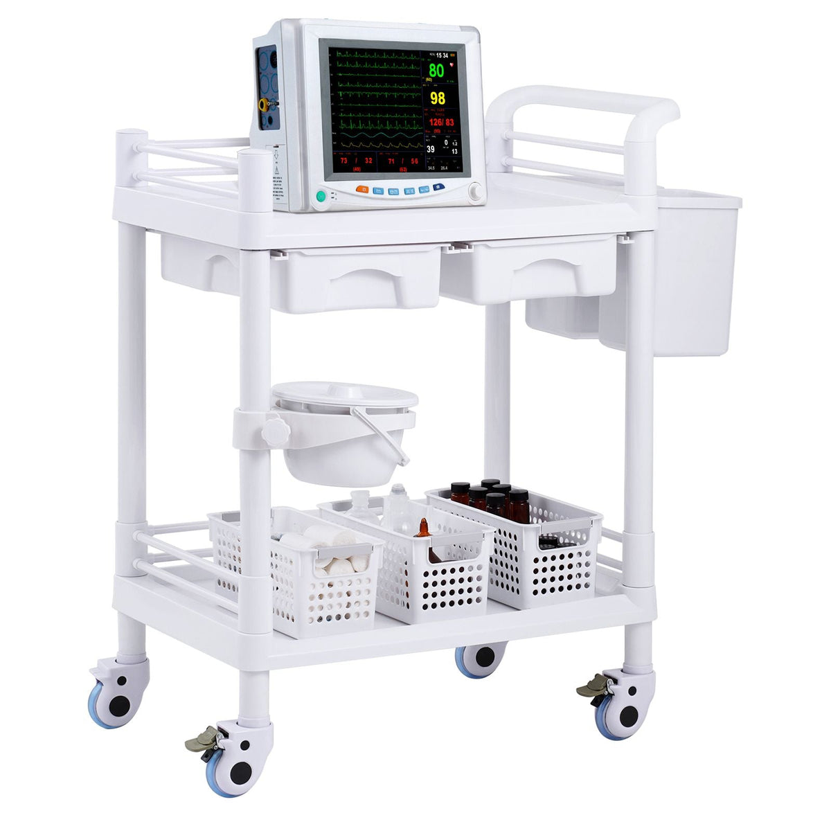 2 Tiers Lab Carts, Lab Utility Cart with 2 Trays, 2 Drawers & 4 Silent Wheels, Mobile Medical Cart with PP Material, Lab Rolling Cart with 3 Trash Cans for Lab, Clinic, Hospital, Salon, White