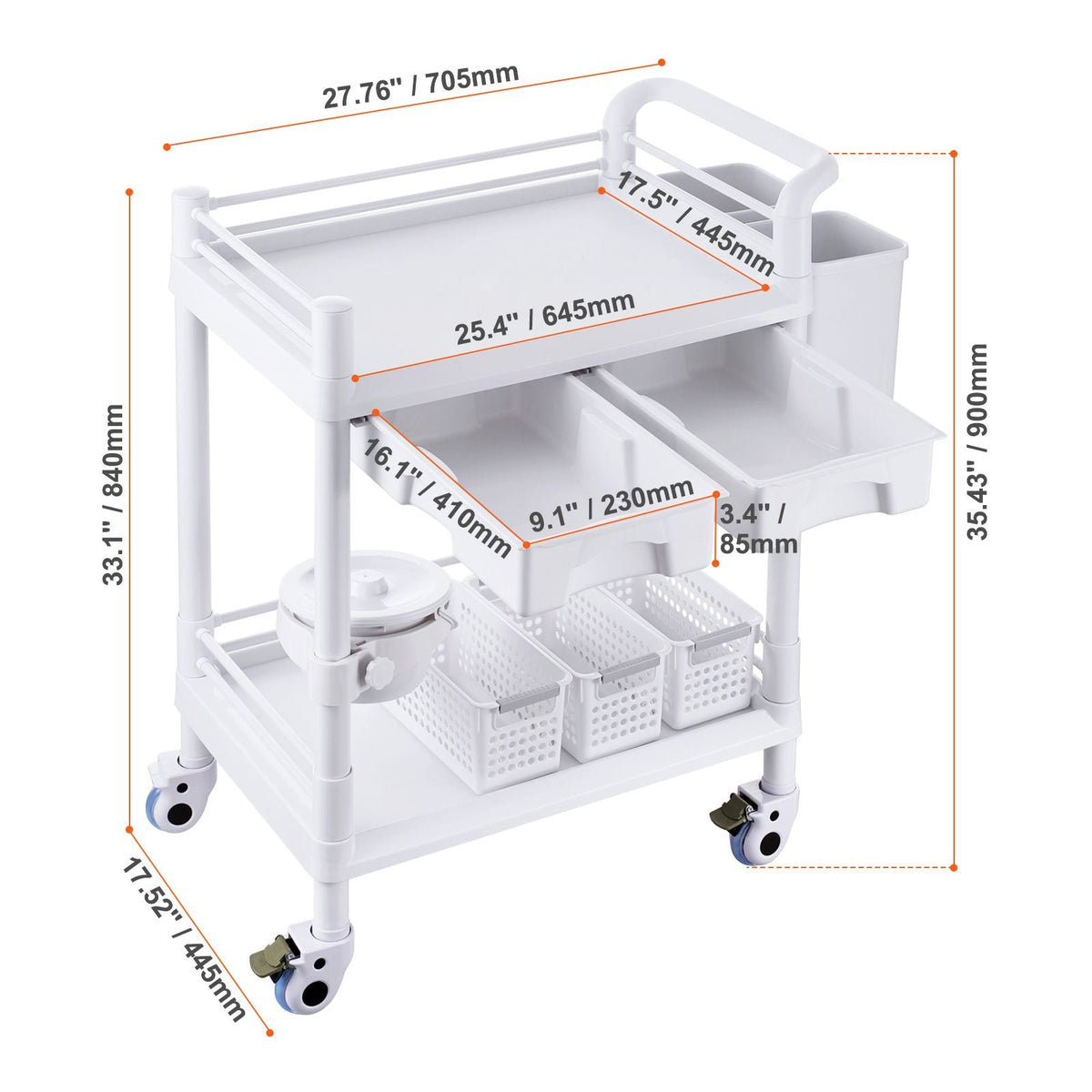 2 Tiers Lab Carts, Lab Utility Cart with 2 Trays, 2 Drawers & 4 Silent Wheels, Mobile Medical Cart with PP Material, Lab Rolling Cart with 3 Trash Cans for Lab, Clinic, Hospital, Salon, White