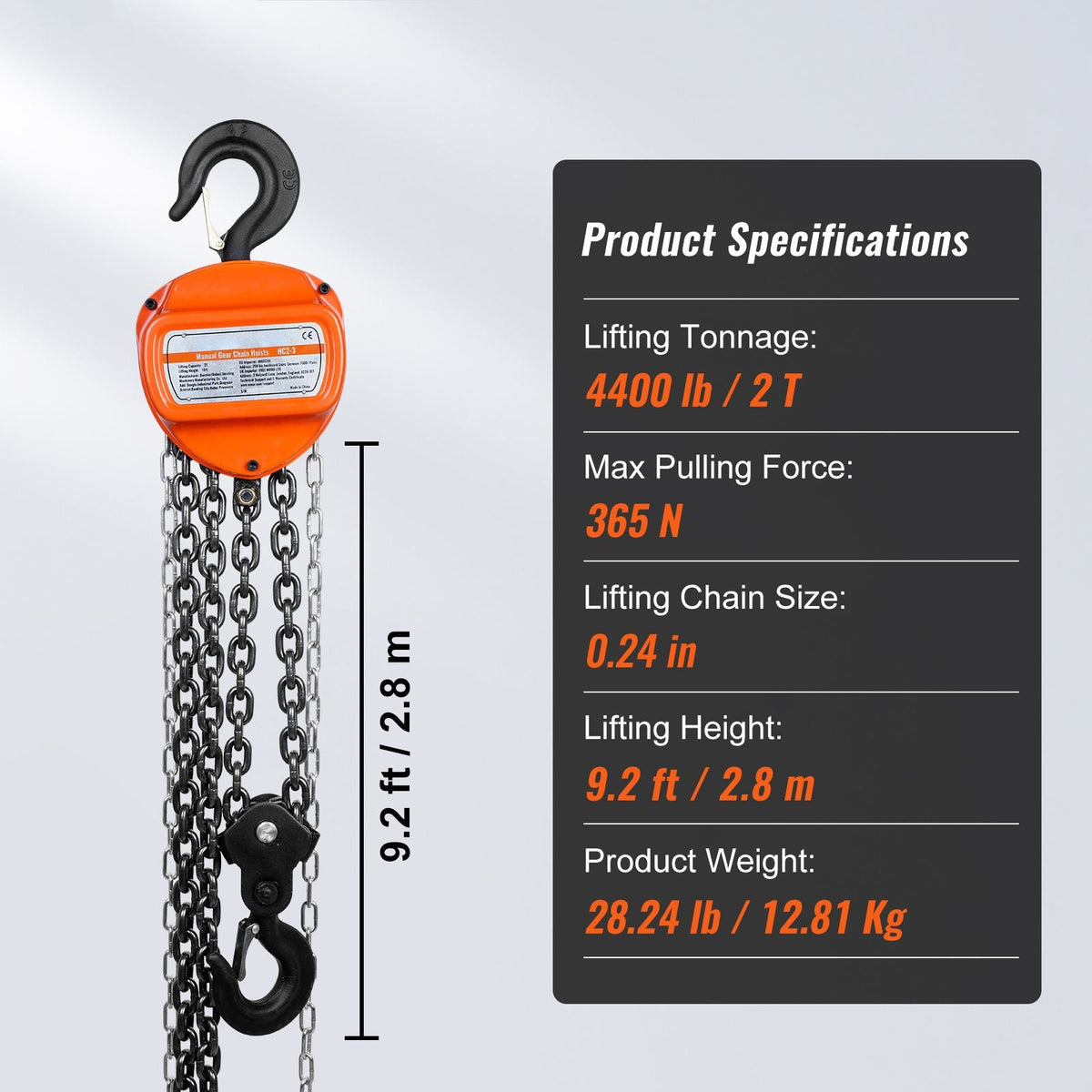 2 Ton Hand Chain Hoist 10 FT Come Along, 4400 lbs Capacity G80 Galvanized Carbon Steel with Double-Pawl Brake, Auto Chain Leading & 360° Rotation Hook, for Garage Factory Dock