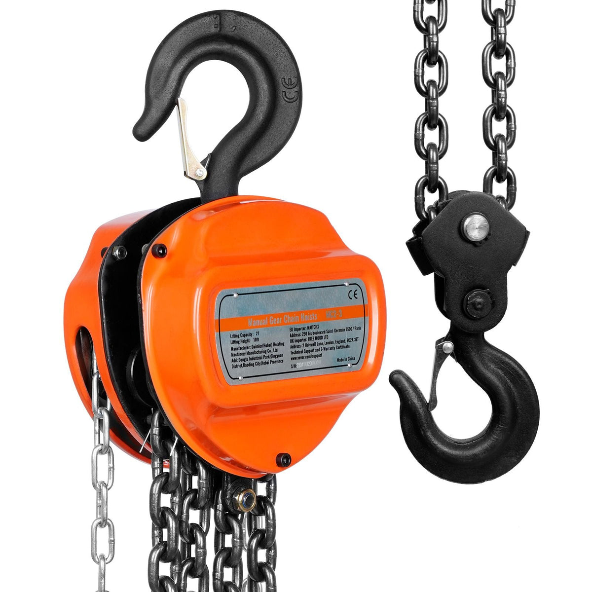 2 Ton Hand Chain Hoist 10 FT Come Along, 4400 lbs Capacity G80 Galvanized Carbon Steel with Double-Pawl Brake, Auto Chain Leading & 360° Rotation Hook, for Garage Factory Dock