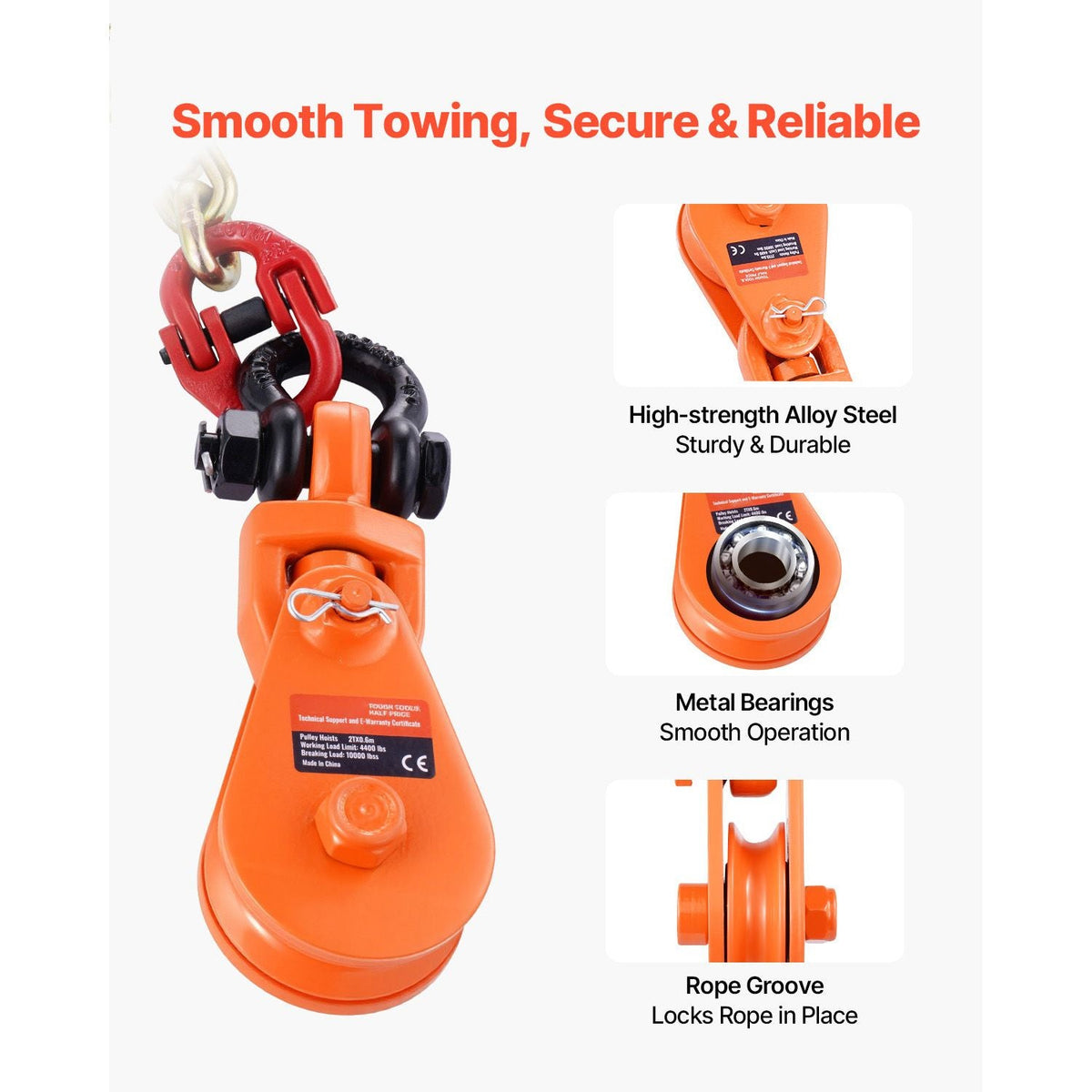 2 Ton Snatch Block with G80 Chain, Swivel Shackle, 3" Sheave for 3/8" Wire Rope, Snatch Block Pulley for Towing and Recovery Applications on Flatbed Tow Truck Rollback Wrecker Car Carrier Cable