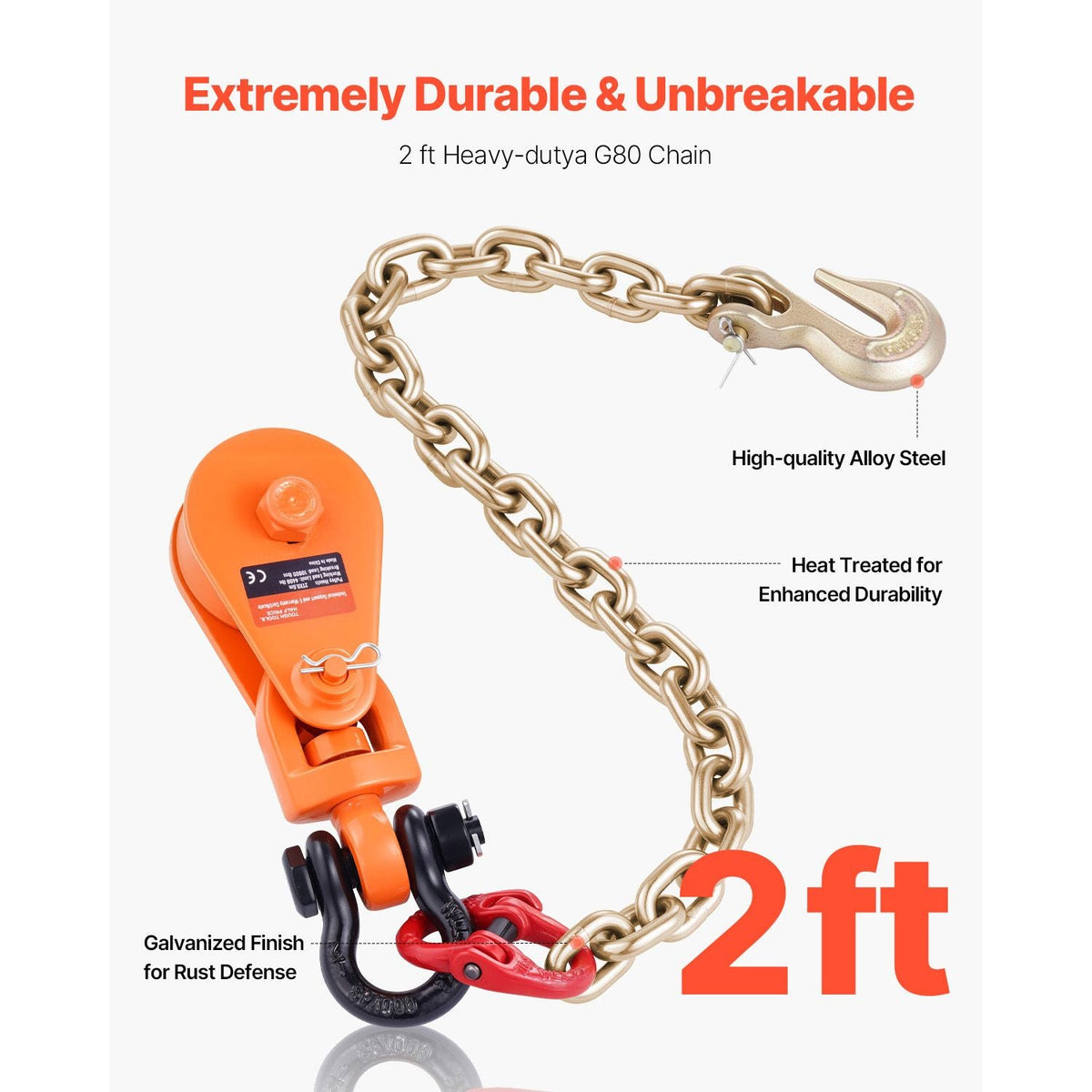 2 Ton Snatch Block with G80 Chain, Swivel Shackle, 3" Sheave for 3/8" Wire Rope, Snatch Block Pulley for Towing and Recovery Applications on Flatbed Tow Truck Rollback Wrecker Car Carrier Cable