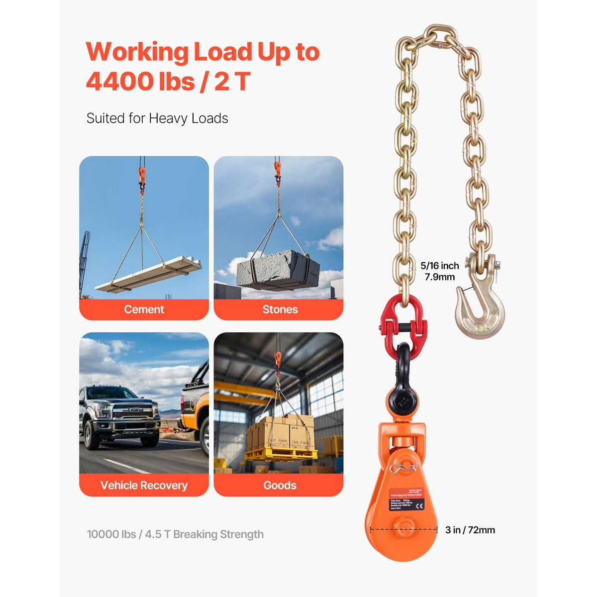 2 Ton Snatch Block with G80 Chain, Swivel Shackle, 3" Sheave for 3/8" Wire Rope, Snatch Block Pulley for Towing and Recovery Applications on Flatbed Tow Truck Rollback Wrecker Car Carrier Cable
