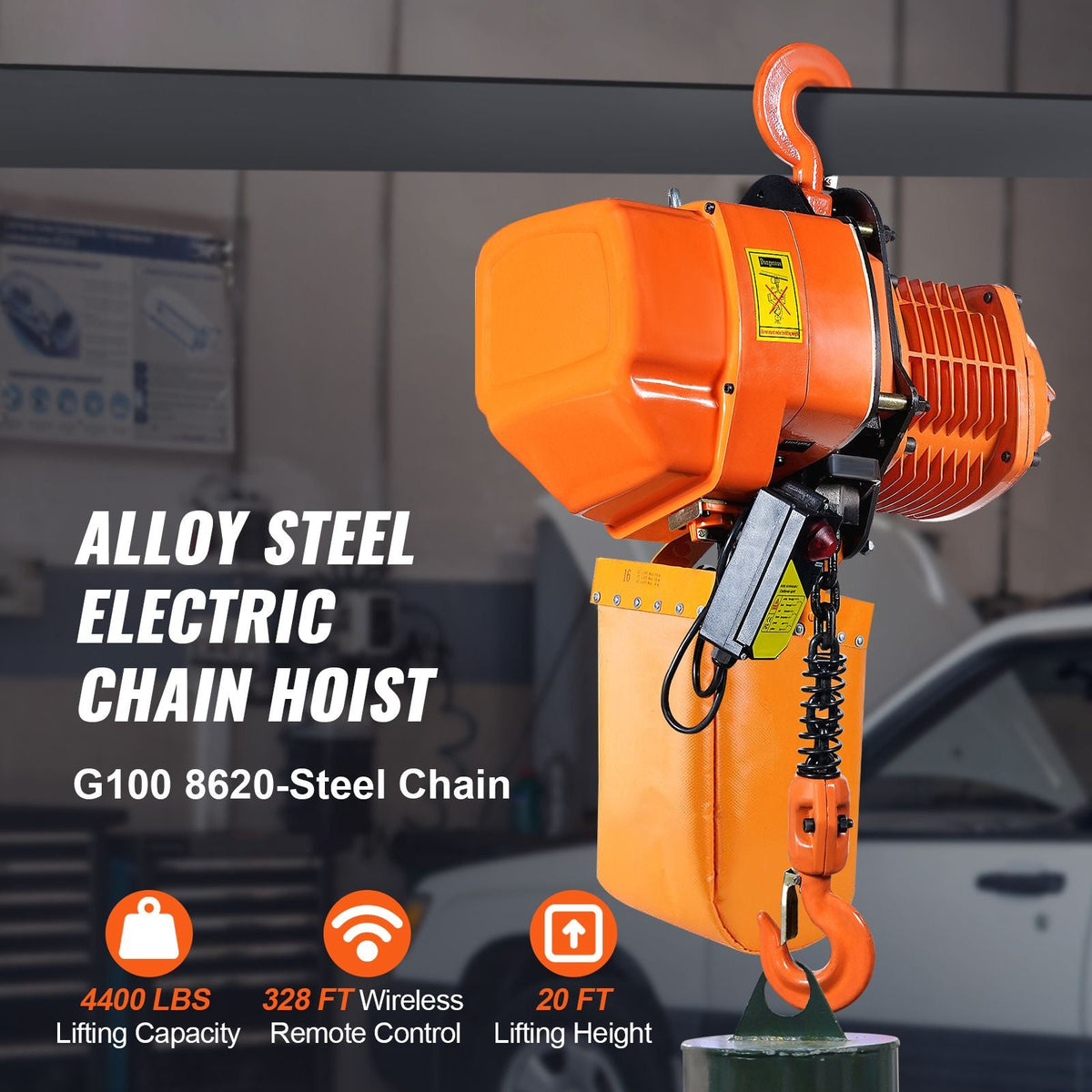 2 Ton Wireless Electric Chain Hoist, 4400 LBS Capacity with 20 FT Lifting Height, IP54 Protection, Three Phase Overhead Crane with G100 Chain
