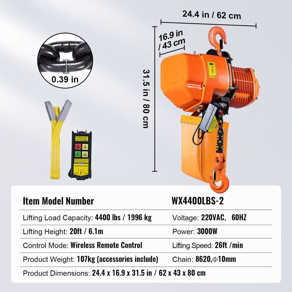 2 Ton Wireless Electric Chain Hoist, 4400 LBS Capacity with 20 FT Lifting Height, IP54 Protection, Three Phase Overhead Crane with G100 Chain