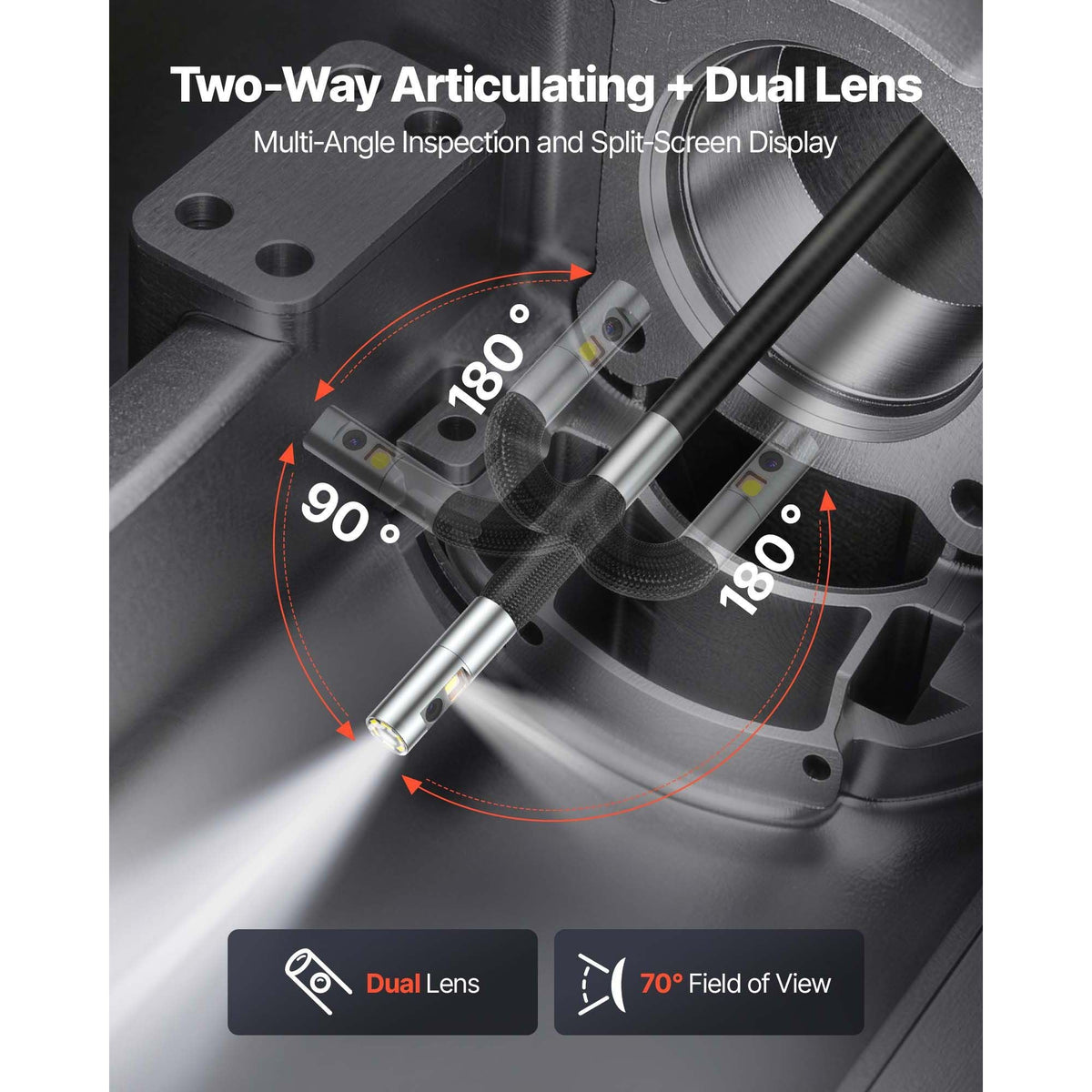 2-Way Dual-Lens Articulating Endoscope with Light, 1080P HD Industrial Borescope Inspection Camera with 0.24-inch Slim Articulated Probe, Rigid Snake Scope Cam for Wall Automotive Inspect-4.9FT