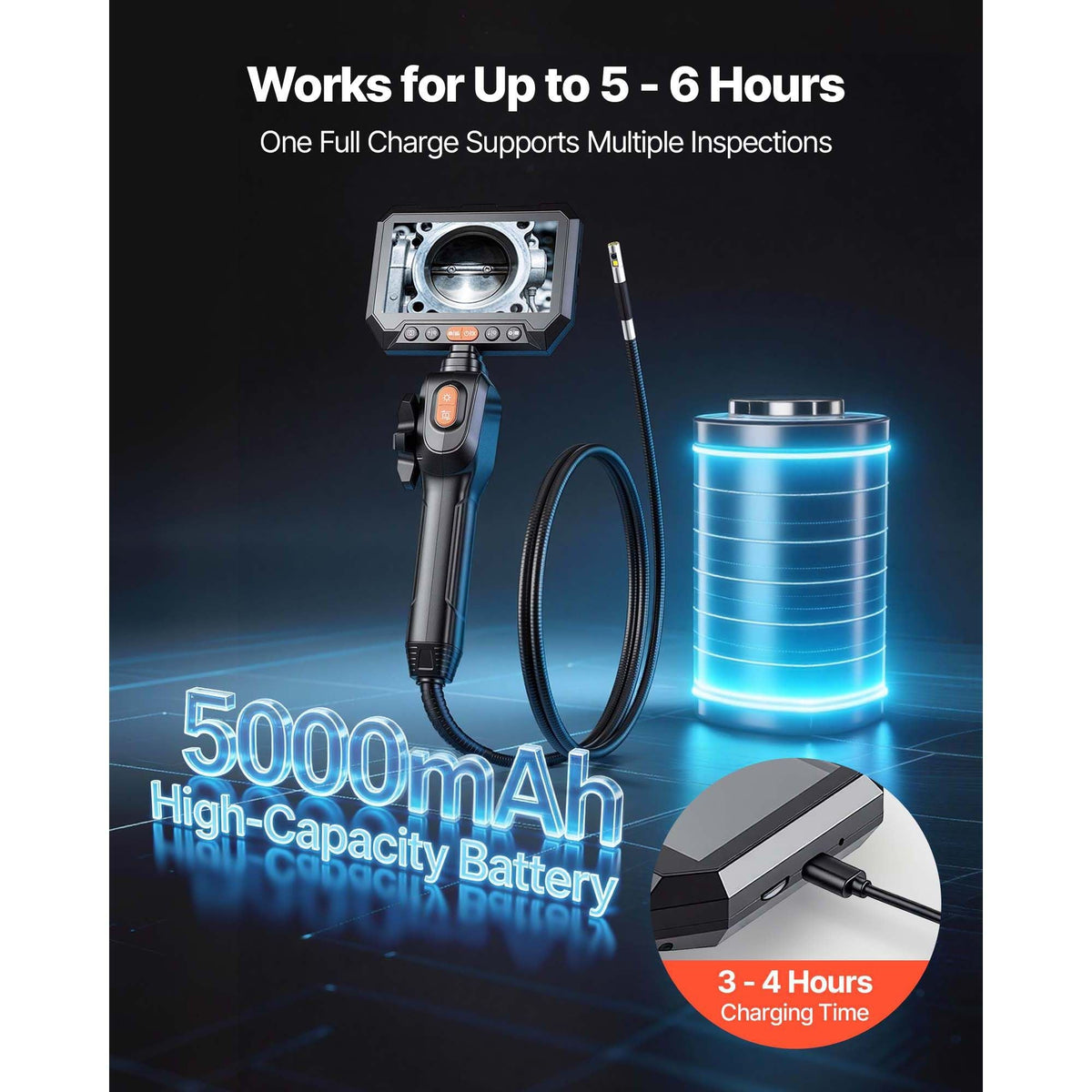 2-Way Dual-Lens Articulating Endoscope with Light, 1080P HD Industrial Borescope Inspection Camera with 0.24-inch Slim Articulated Probe, Rigid Snake Scope Cam for Wall Automotive Inspect-4.9FT