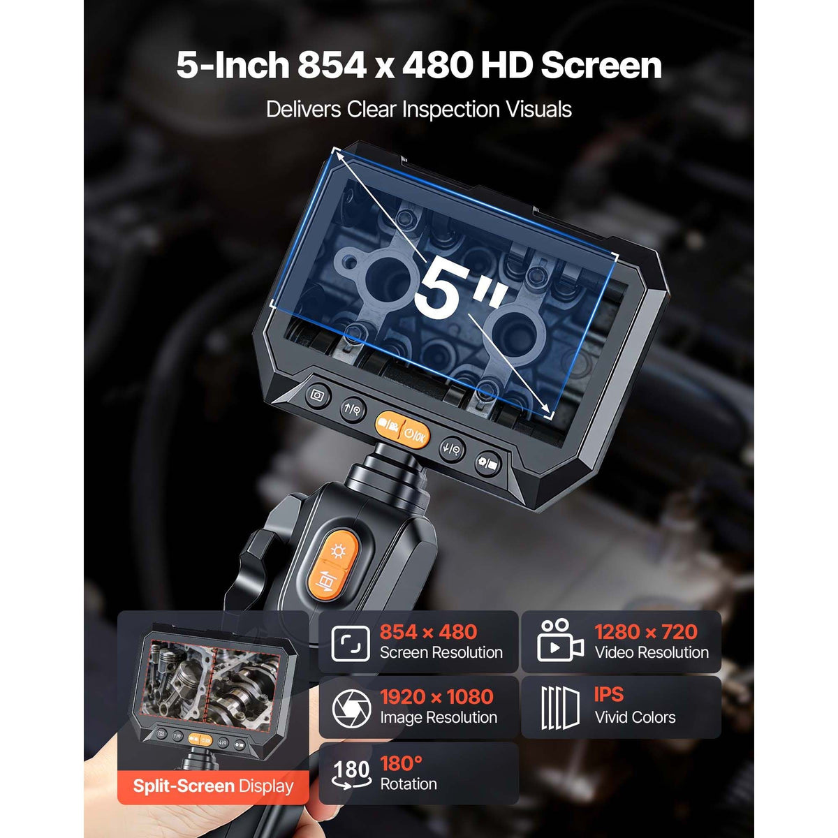 2-Way Dual-Lens Articulating Endoscope with Light, 1080P HD Industrial Borescope Inspection Camera with 0.24-inch Slim Articulated Probe, Rigid Snake Scope Cam for Wall Automotive Inspect-4.9FT