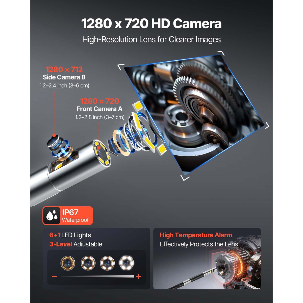 2-Way Dual-Lens Articulating Endoscope with Light, 1080P HD Industrial Borescope Inspection Camera with 0.24-inch Slim Articulated Probe, Rigid Snake Scope Cam for Wall Automotive Inspect-4.9FT