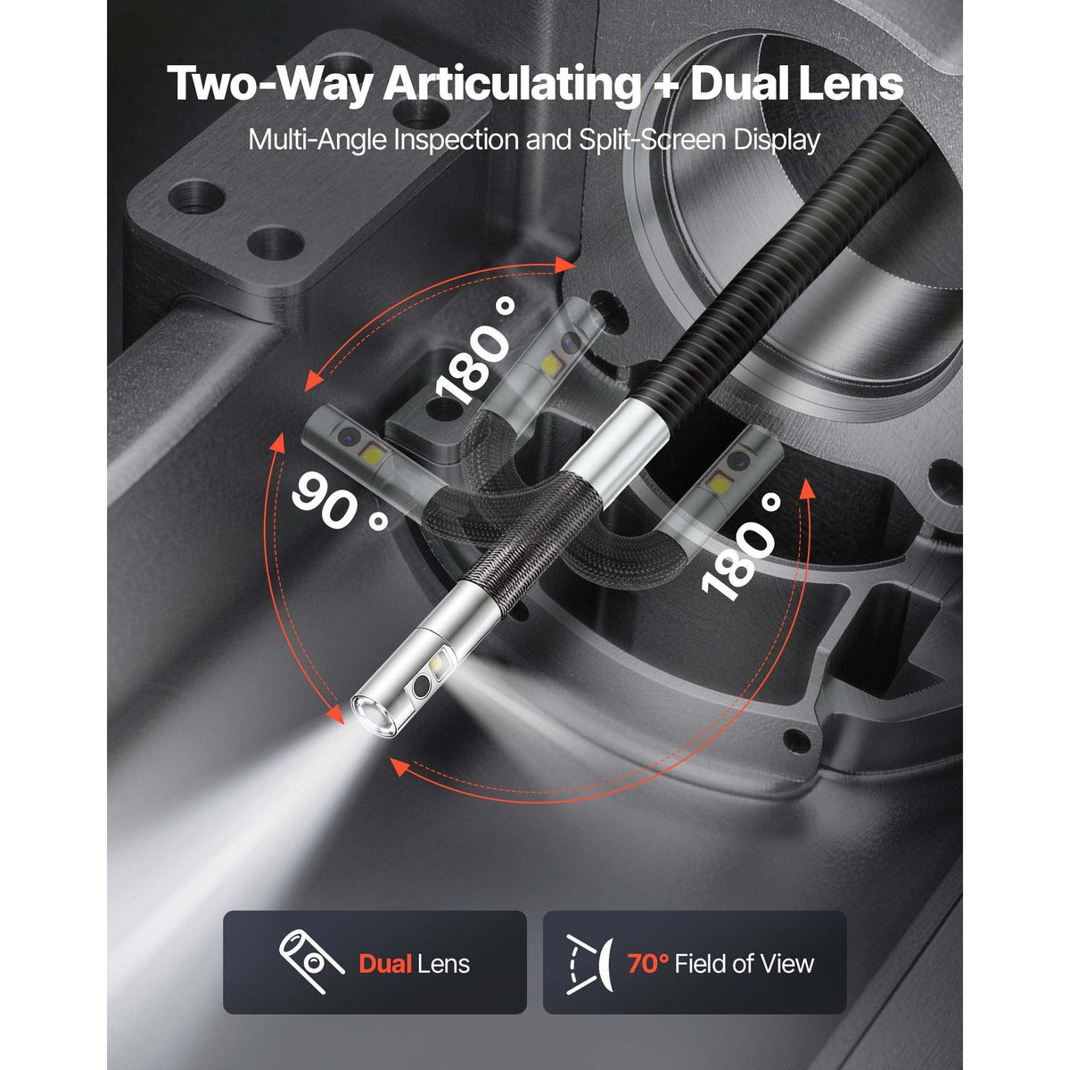 2-Way Dual-Lens Articulating Endoscope with Light, 1080P HD Industrial Borescope Inspection Camera with Articulated Probe, Rigid Snake Scope Cam for Wall Automotive Engine Inspect-4.9FT