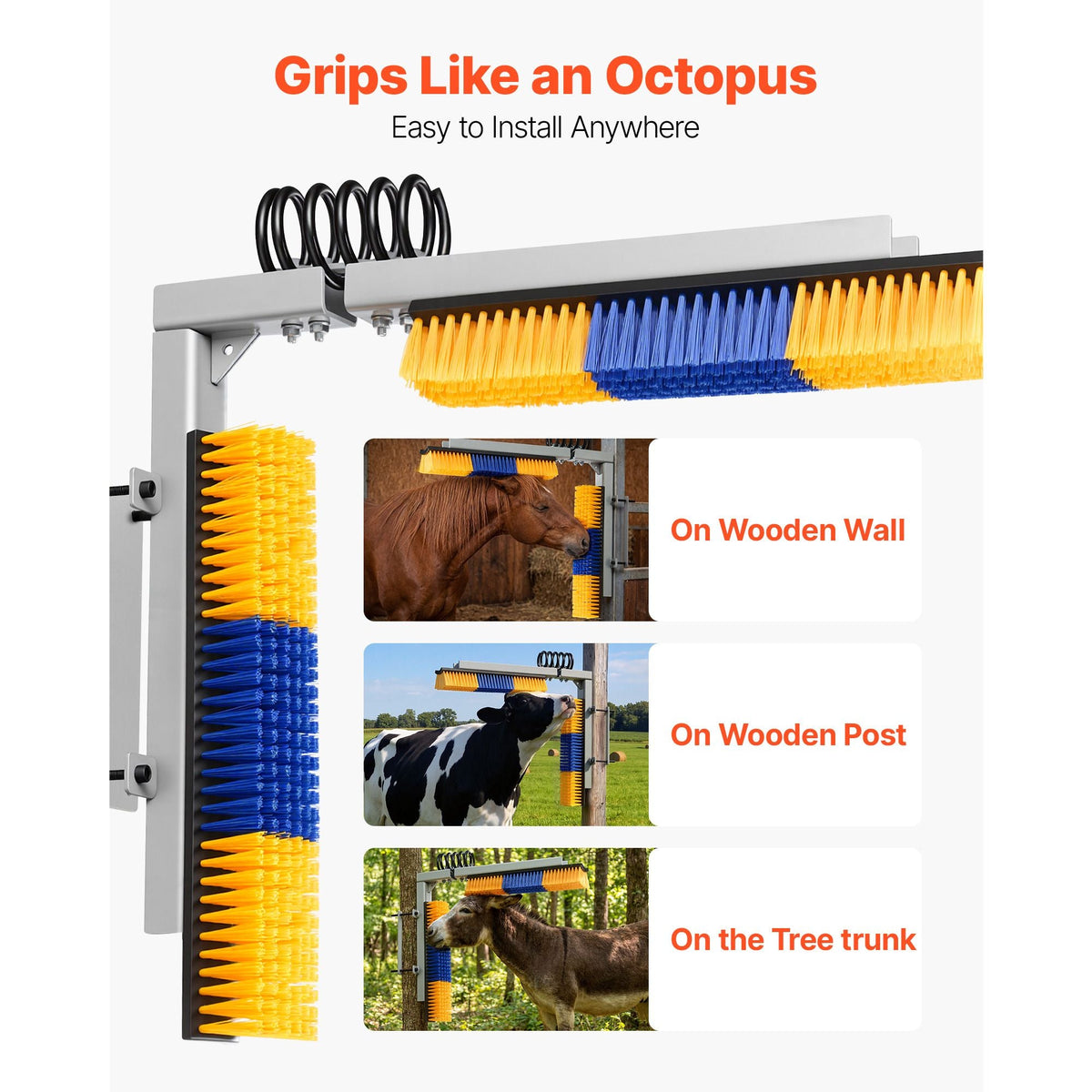 2 Way Livestock Scratching Brush, Dual Sided Goat Scratcher Brush with Mounting Bracket, 16.9" x 3.9" Cow Scratcher for Back Itch Relief, Massage Grooming Scratch Tool for Horse Cattle Sheep Pig