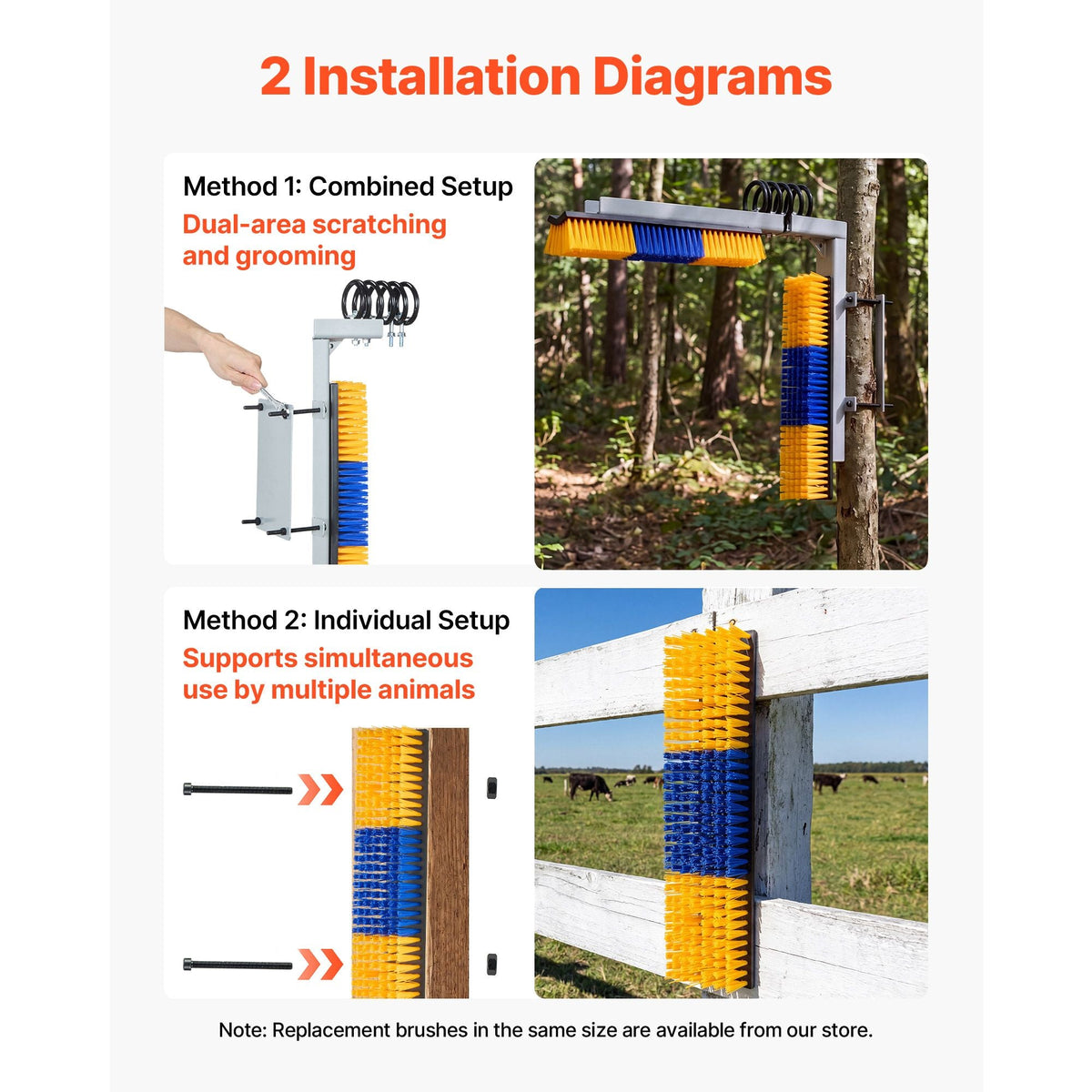2 Way Livestock Scratching Brush, Dual Sided Goat Scratcher Brush with Mounting Bracket, 16.9" x 3.9" Cow Scratcher for Back Itch Relief, Massage Grooming Scratch Tool for Horse Cattle Sheep Pig