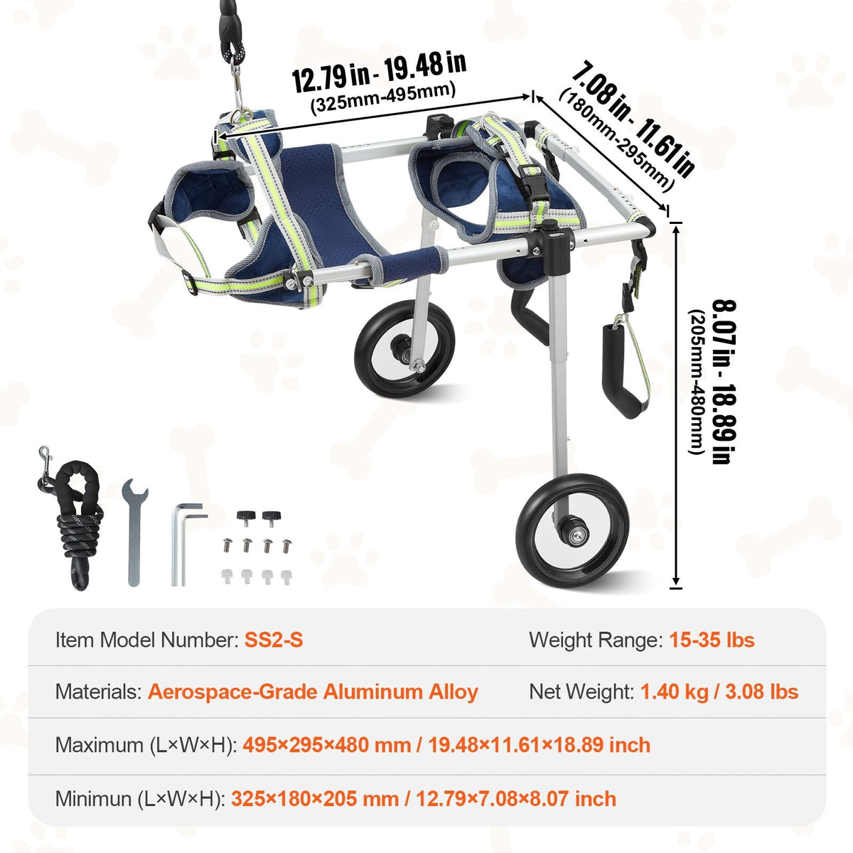2 Wheels Dog Wheelchair for Back Legs, Pet Wheelchair Lightweight & Adjustable Assisting in Healing, Dog Cart/Wheelchair for Injured, Disabled, Paralysis, Hind Limb Weak Pet(S)