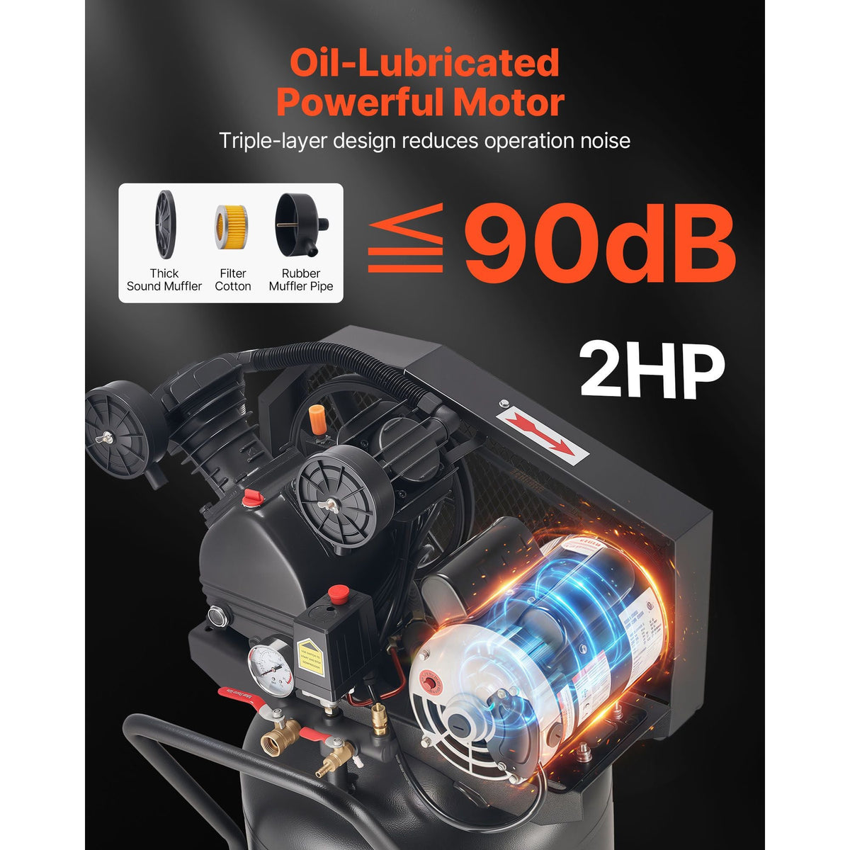 20-Gallon Air Compressor, 2HP 6.5SCFM at 90PSI, Max 135PSI Pressure Oil-Lubricated Air Compressor Tank, Portable on Wheels for Auto Repair, Tire Inflation, Spray Painting, Woodwork Nailing, 120V