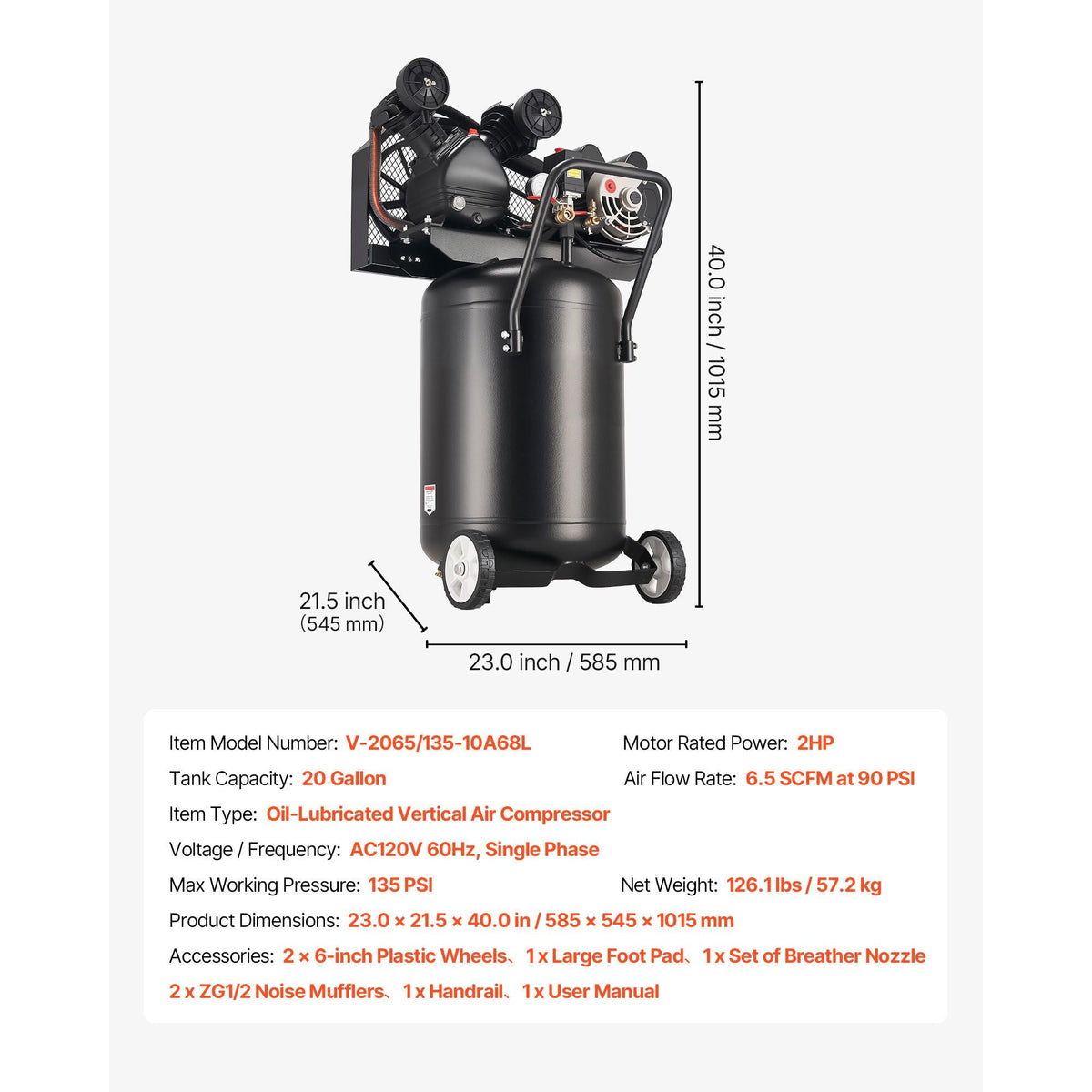 20-Gallon Air Compressor, 2HP 6.5SCFM at 90PSI, Max 135PSI Pressure Oil-Lubricated Air Compressor Tank, Portable on Wheels for Auto Repair, Tire Inflation, Spray Painting, Woodwork Nailing, 120V