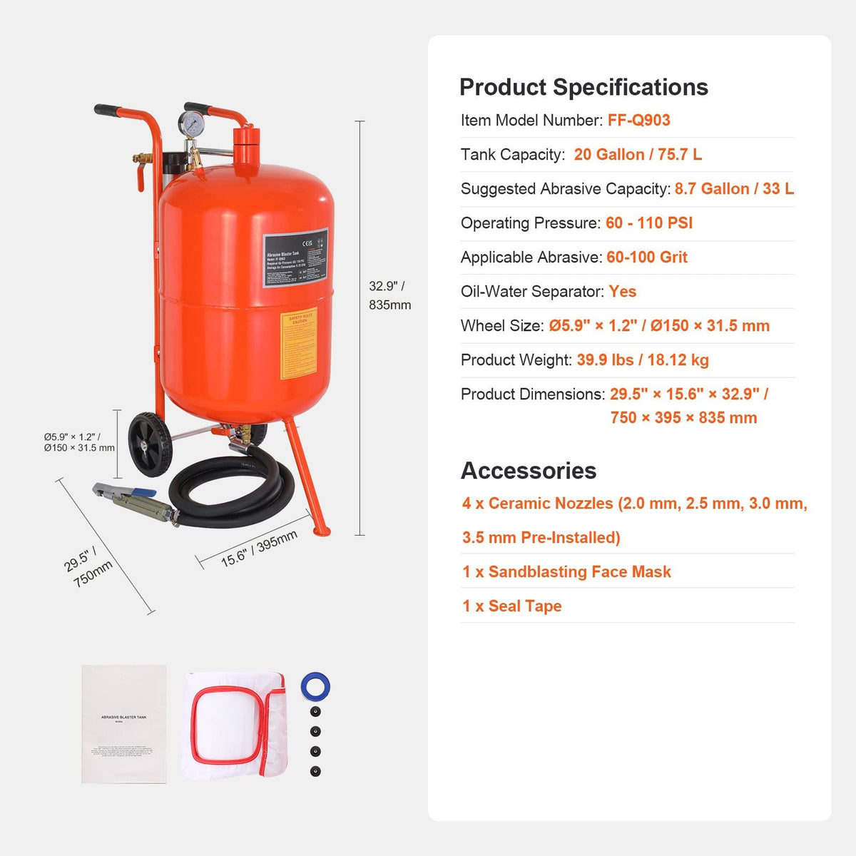 20 Gallon Sand Blaster, 60-110 PSI High Pressure Sandblaster, Portable Abrasive Blasting Tank, Air Sand Blasting Kit with 4 Ceramic Nozzles and Oil-Water Separator for Paint, Stain, Rust Removal