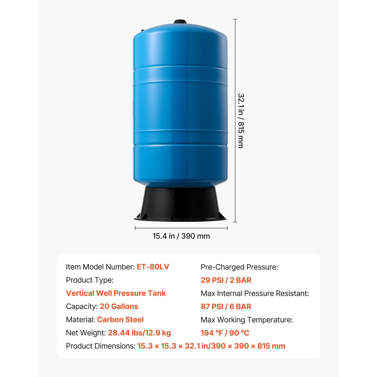 20-Gallon Vertical Well Pressure Tank, Pre-Charged Pressurized Water Tank for Well Pumps, Heavy-Duty Carbon Steel Water Storage Container for Home, School, Farm & Irrigation Systems