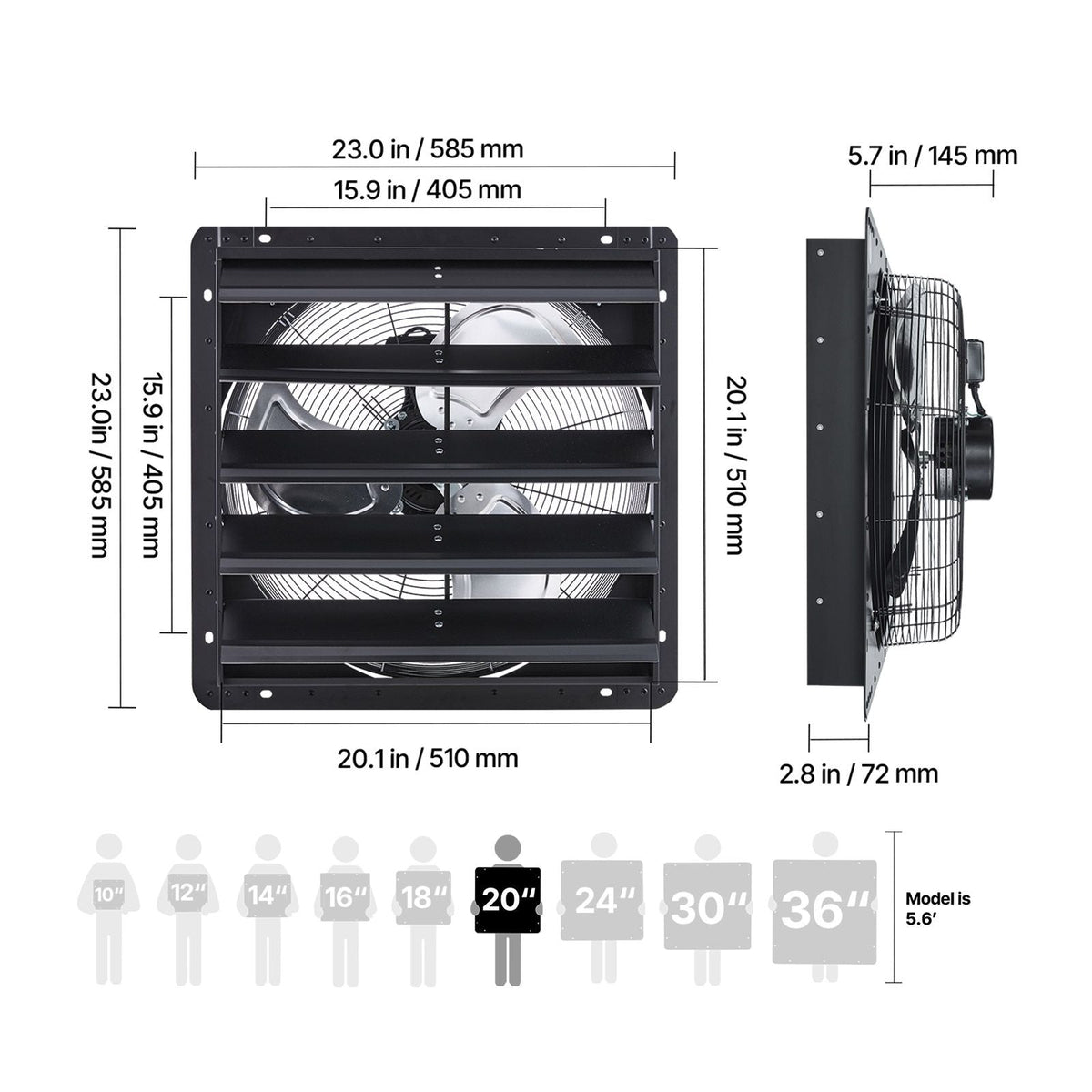 20 inch Shutter Exhaust Fan, Wall Mounted Attic Vent Fan with Variable Speed Controller, 3000 CFM, AC Motor, Heavy-duty Steel, Low Noise for Shed, Garage, Greenhouse Ventilation Cooling, Black