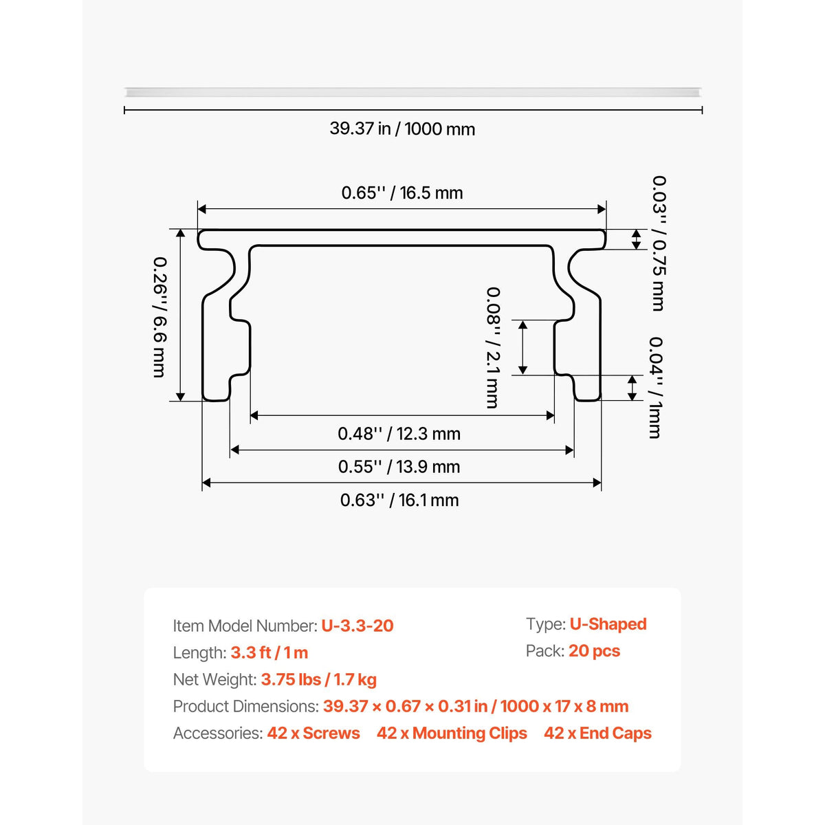 20-Pack 3.3 ft/1M U Shape LED Aluminum Channel, with Milky Cover, End Caps and Mounting Clips, Aluminum Profile for LED Strip Light Installations, Easy Installation, for Under Cabinet Counter