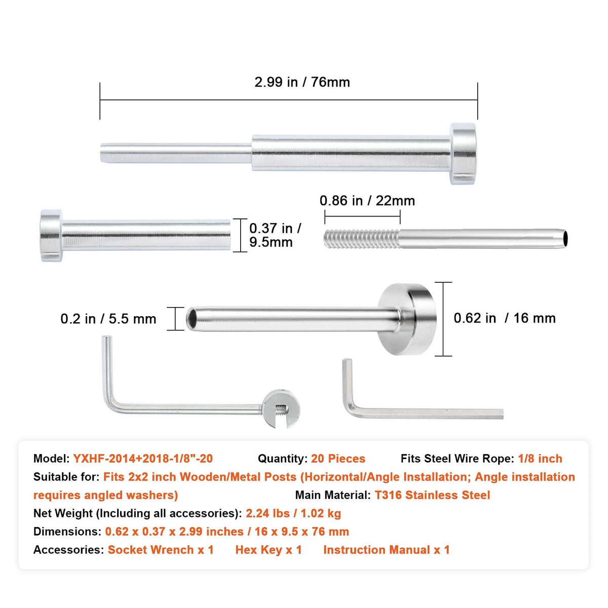 20 Pack Invisible Cable Railing kit, T316 Stainless Steel 1/8" Invisible Receiver and Swage Stud End for Cable Railing, Swage Tensioner 1/8" for Wood/Metal Post, Cable Railing Hardware, Silver