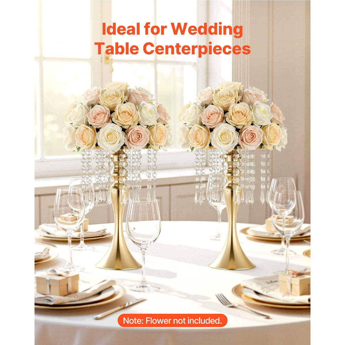 20 PCS Wedding Flower Vase, 13.4 in Tall Flower Table Centerpieces, Crystal Banquet Vases Easy Installation, Electroplated Finish, Versatile Arrangement Stand for Party Events Home Decor, Gold